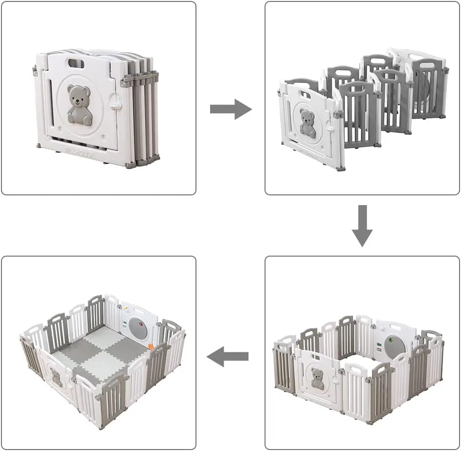 10 Panel Foldable & Modular Baby Playpen | Ball Pool | Grey and White | Optional Foam Mats