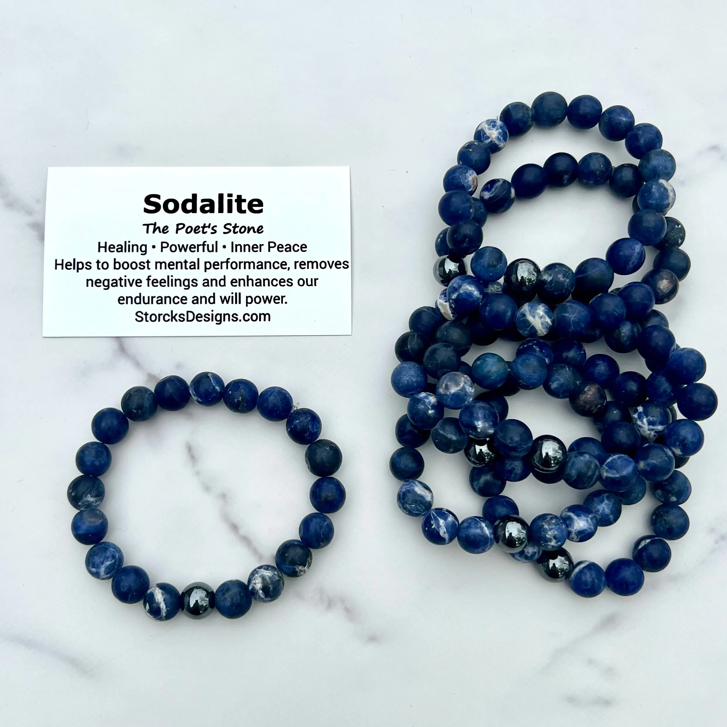 10mm Sodalite Beaded Bracelet with Hematite Accent Bead