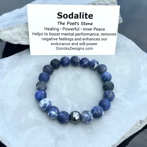 10mm Sodalite Beaded Bracelet with Hematite Accent Bead