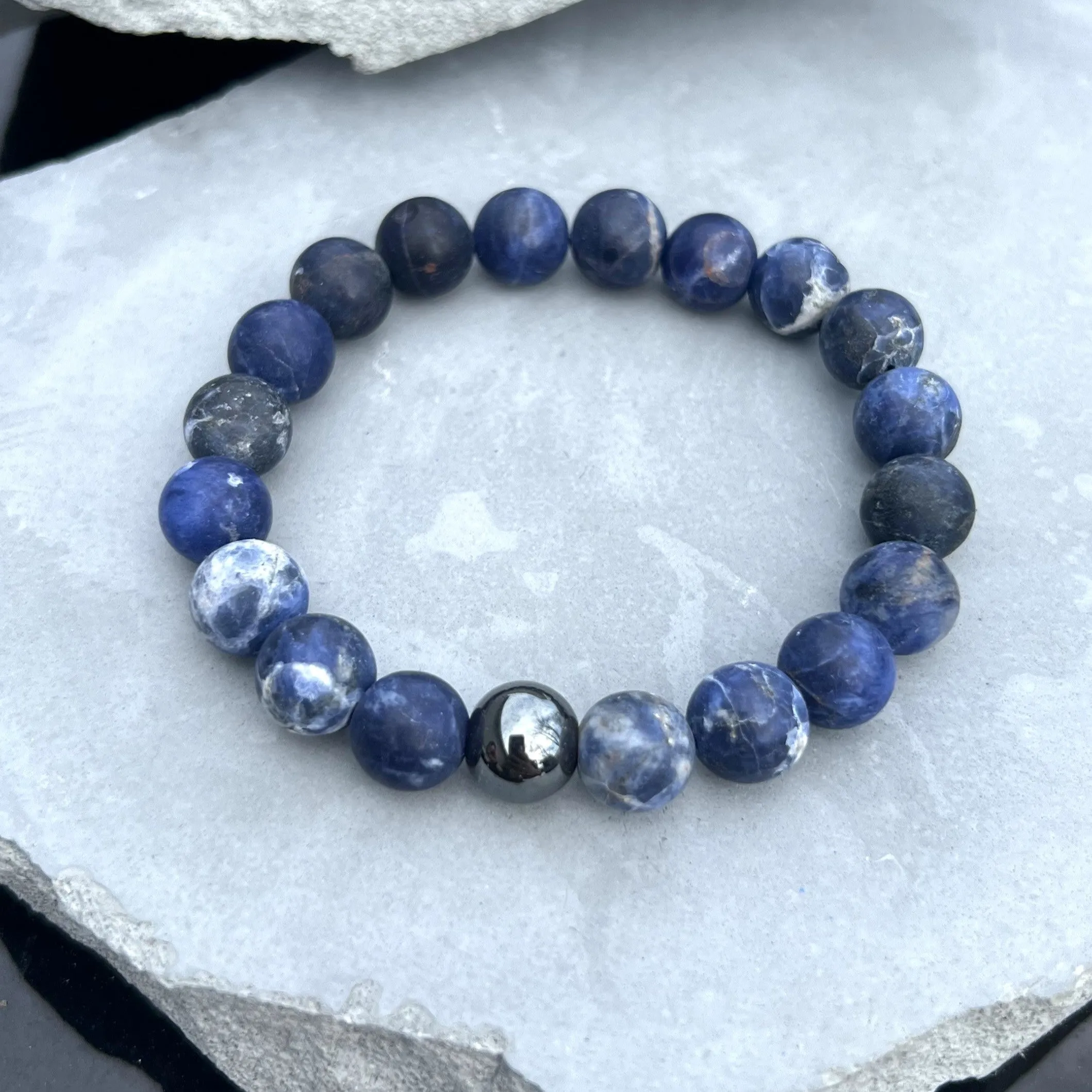 10mm Sodalite Beaded Bracelet with Hematite Accent Bead