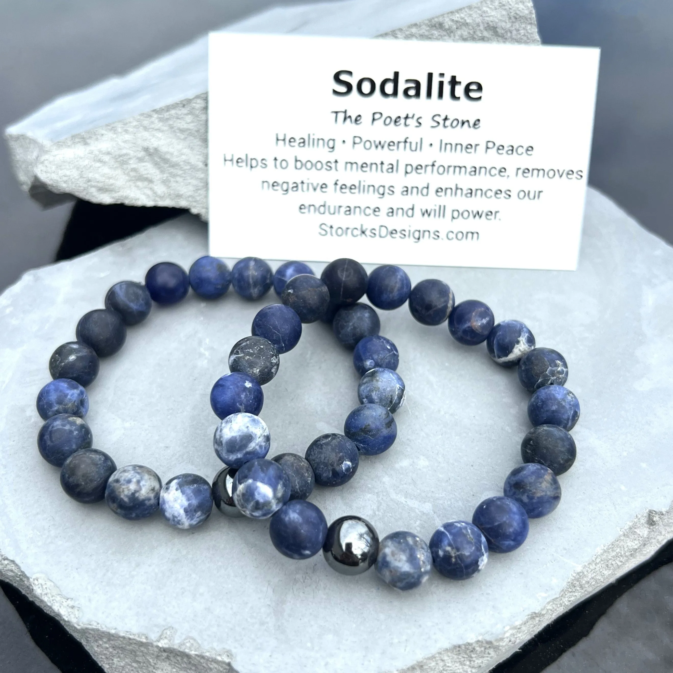10mm Sodalite Beaded Bracelet with Hematite Accent Bead