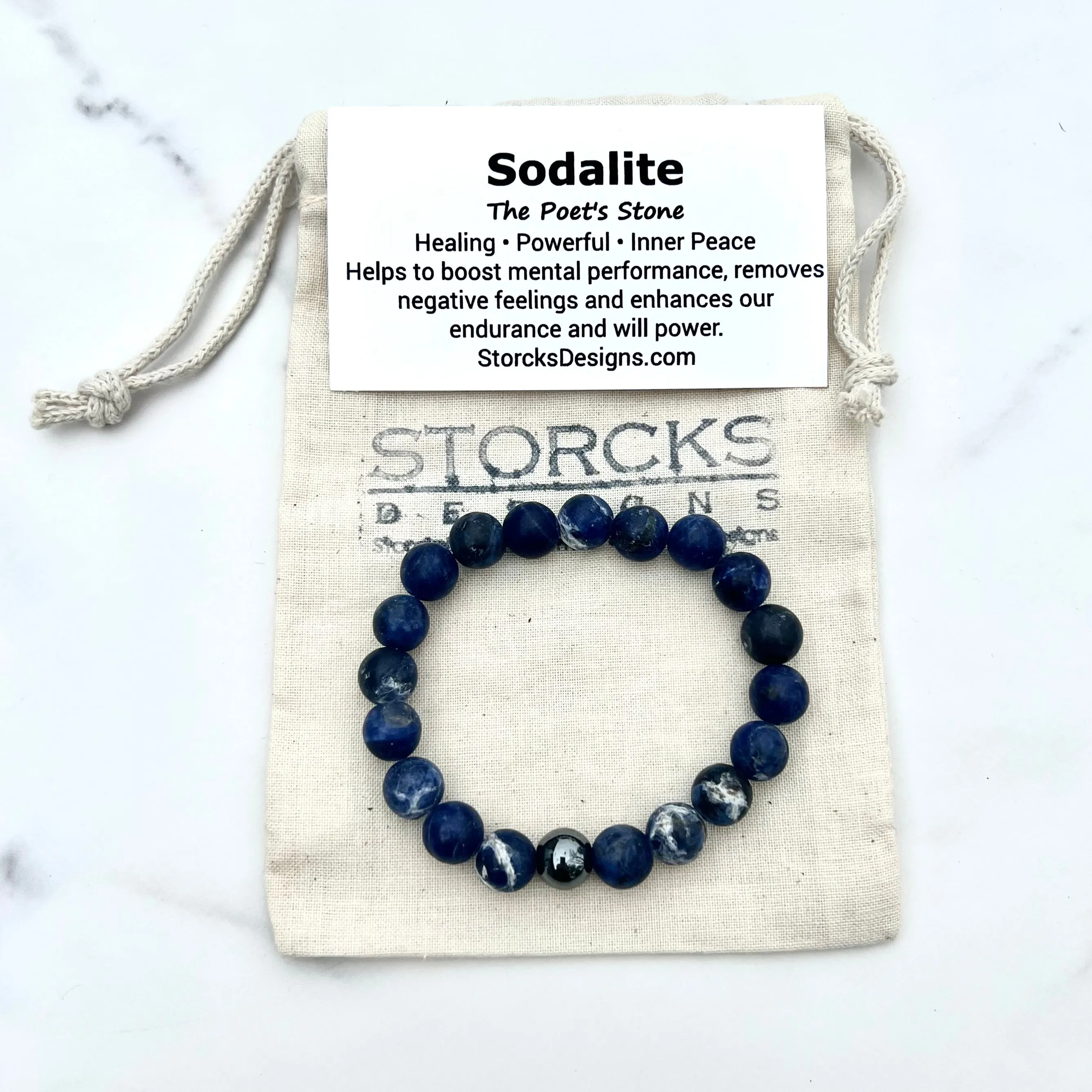 10mm Sodalite Beaded Bracelet with Hematite Accent Bead
