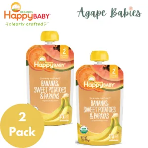 [2-Pack] Happy Baby Happy Family Happy Clearly Crafted - Bananas Sweet Potatoes & Papaya, 113g. Stage 2 (For 6m up) Exp: 11/25