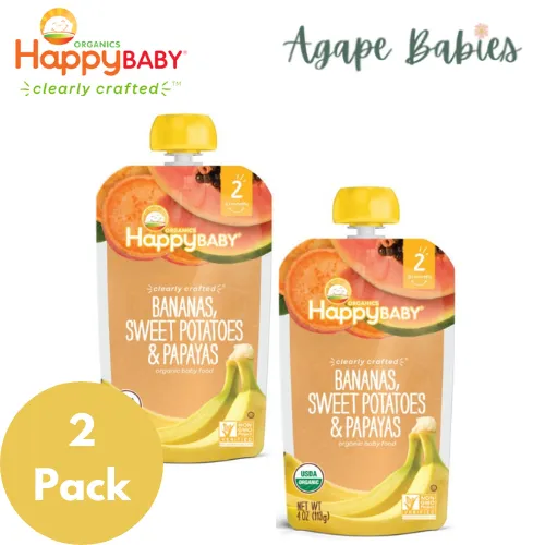 [2-Pack] Happy Baby Happy Family Happy Clearly Crafted - Bananas Sweet Potatoes & Papaya, 113g. Stage 2 (For 6m up) Exp: 11/25