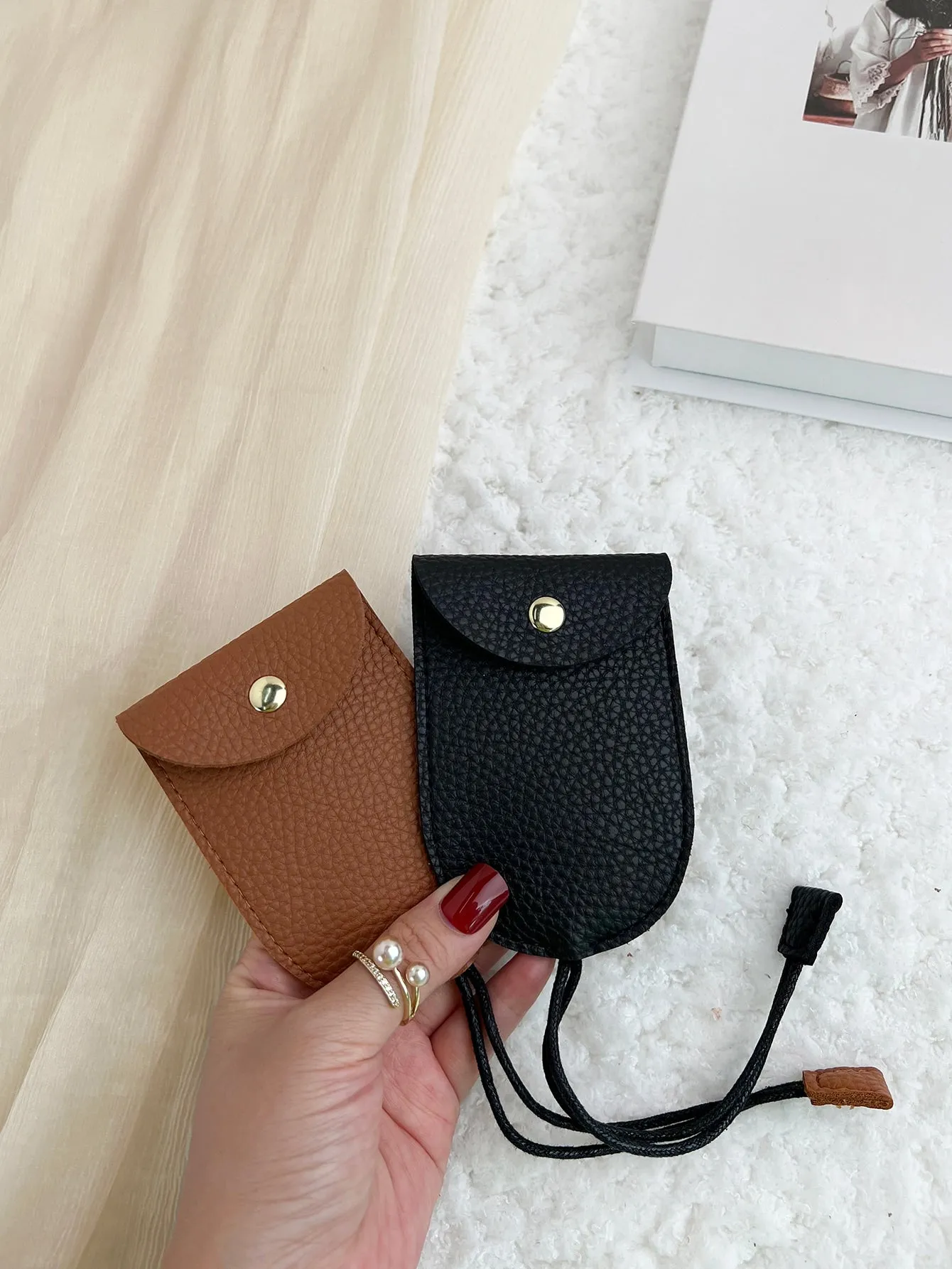 2pcs Litchi Embossed Snap Button Key Case - Multicolor