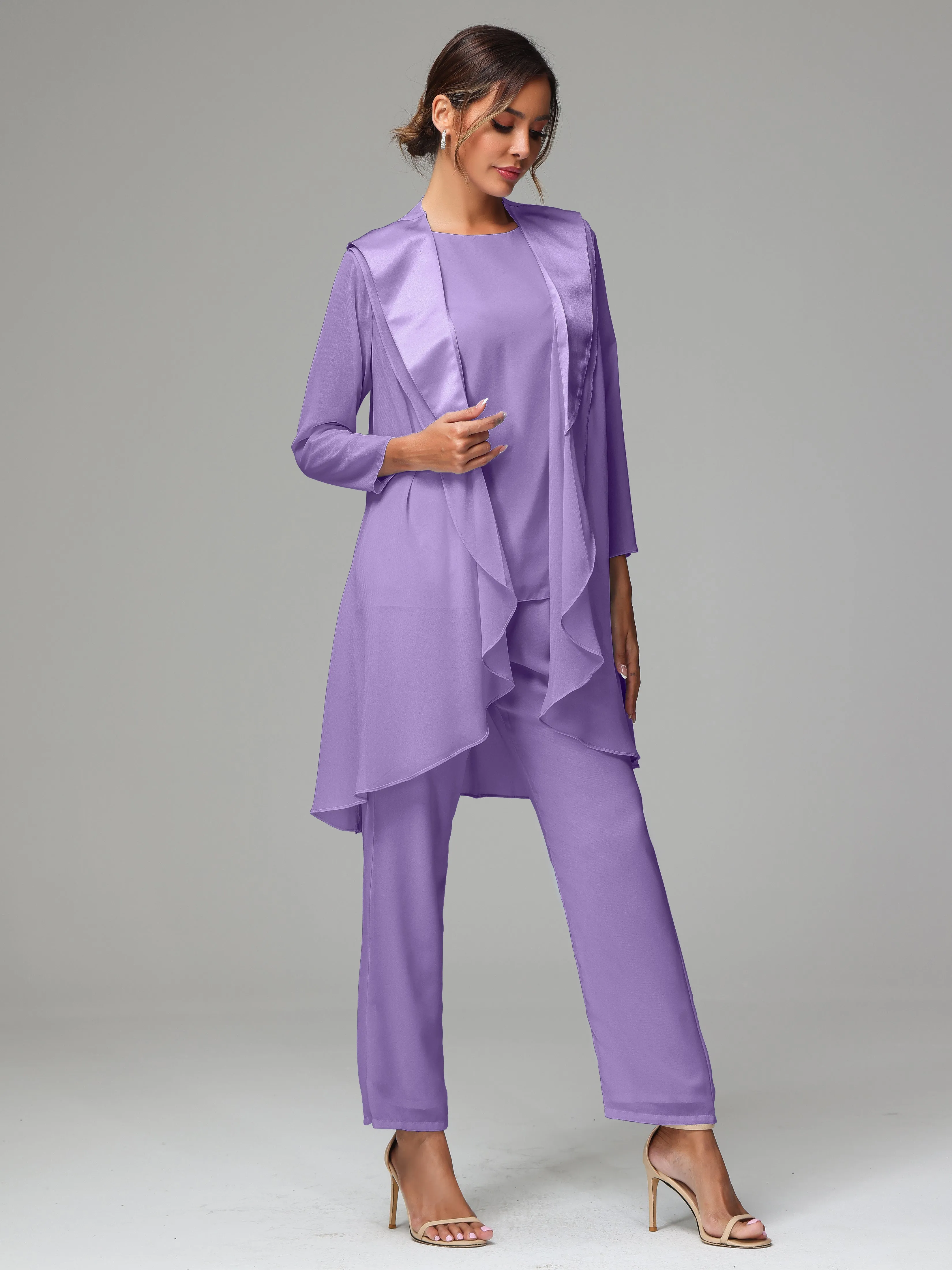 3 Pieces Chiffon Elegant Mother Of The Bride Dress Pants Suits