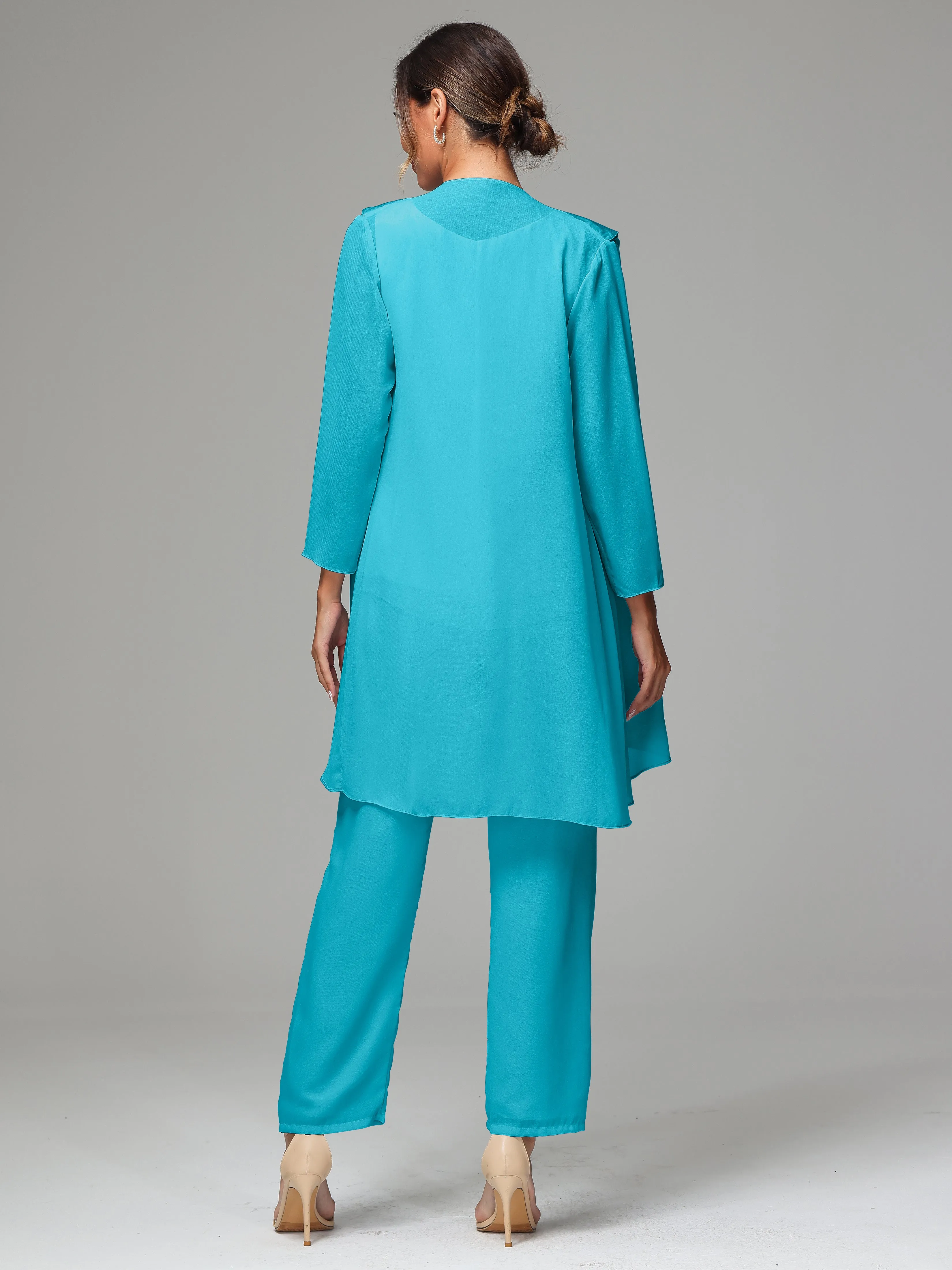 3 Pieces Chiffon Elegant Mother Of The Bride Dress Pants Suits