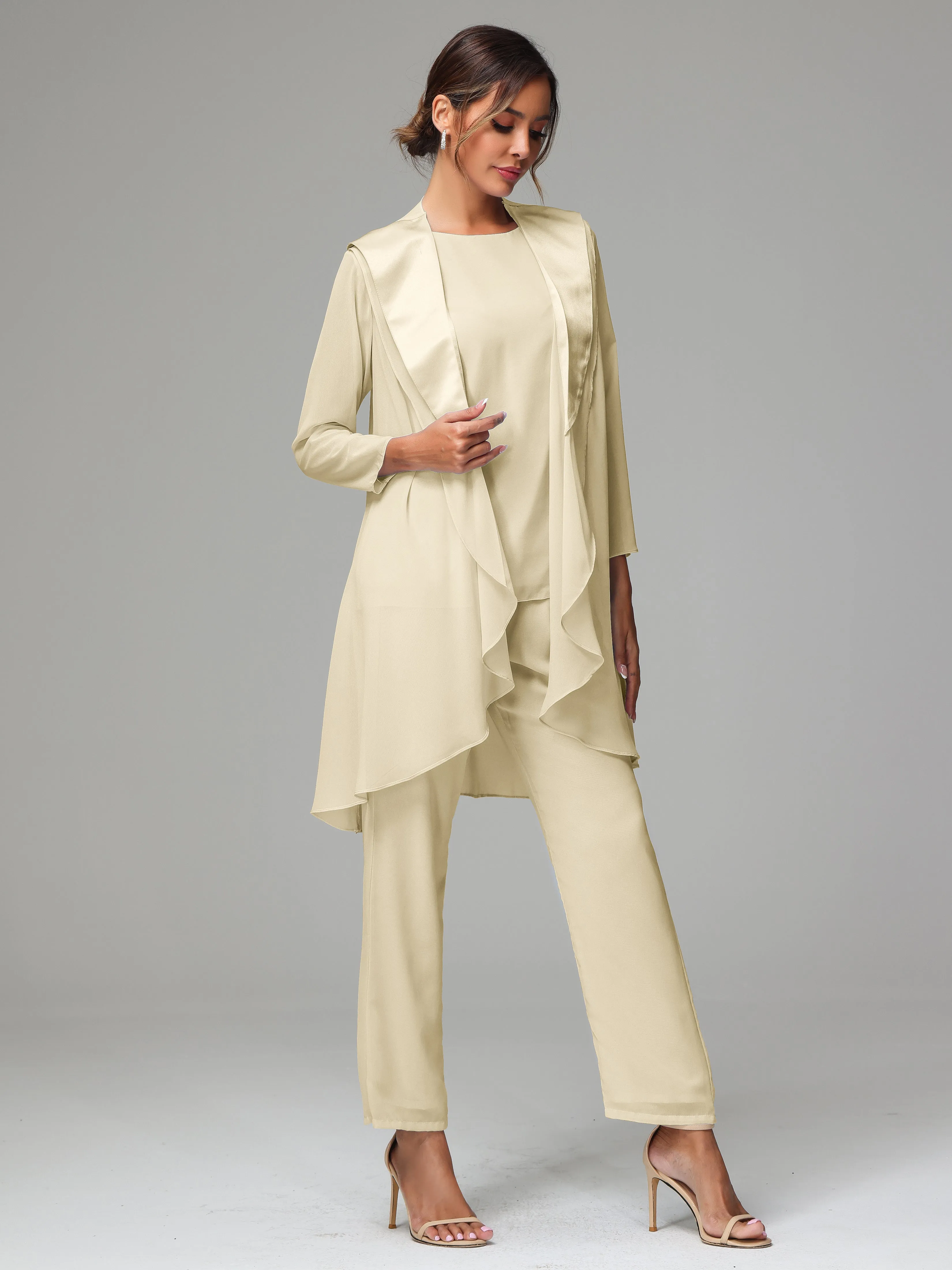 3 Pieces Chiffon Elegant Mother Of The Bride Dress Pants Suits