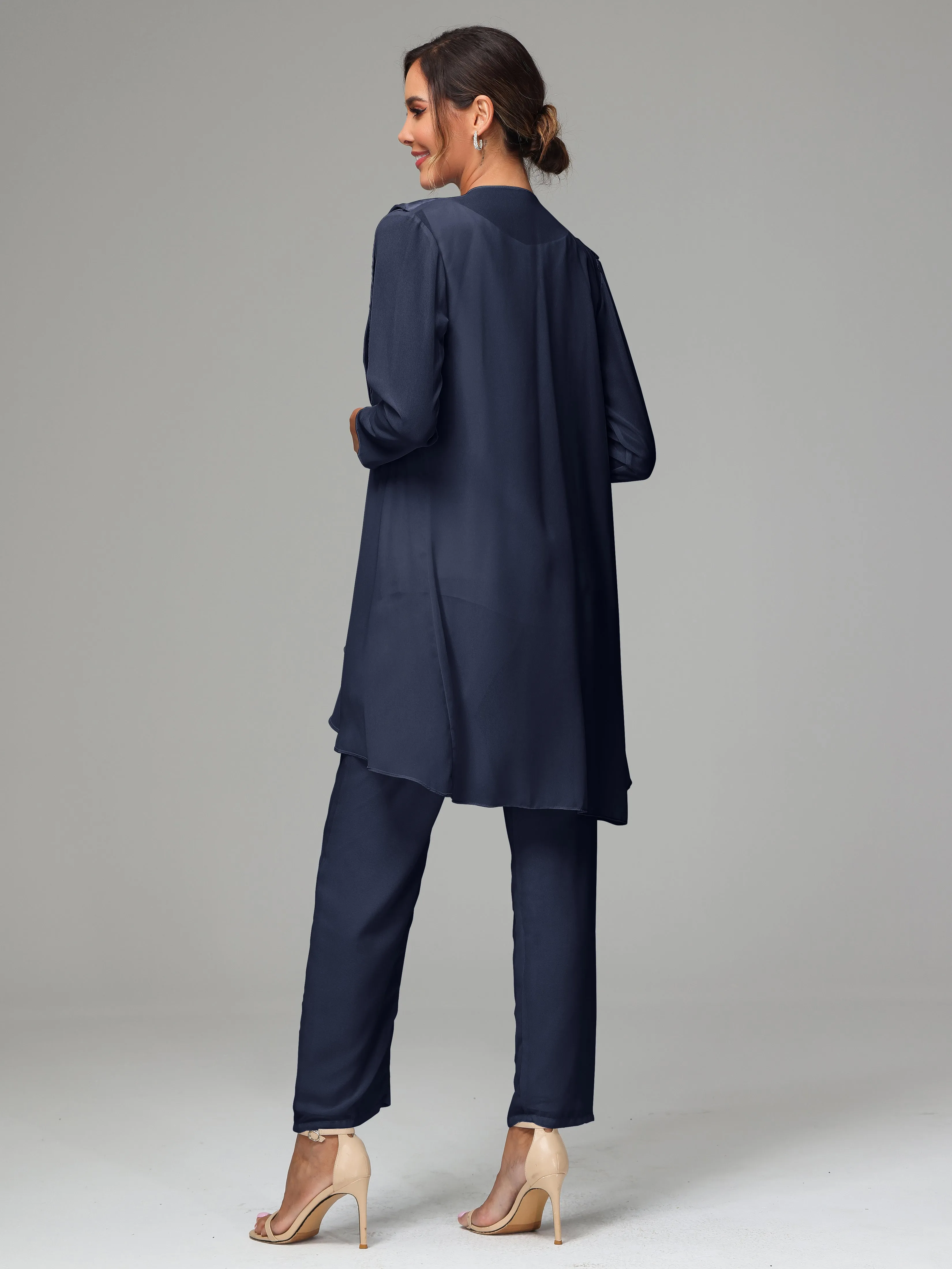 3 Pieces Chiffon Elegant Mother Of The Bride Dress Pants Suits