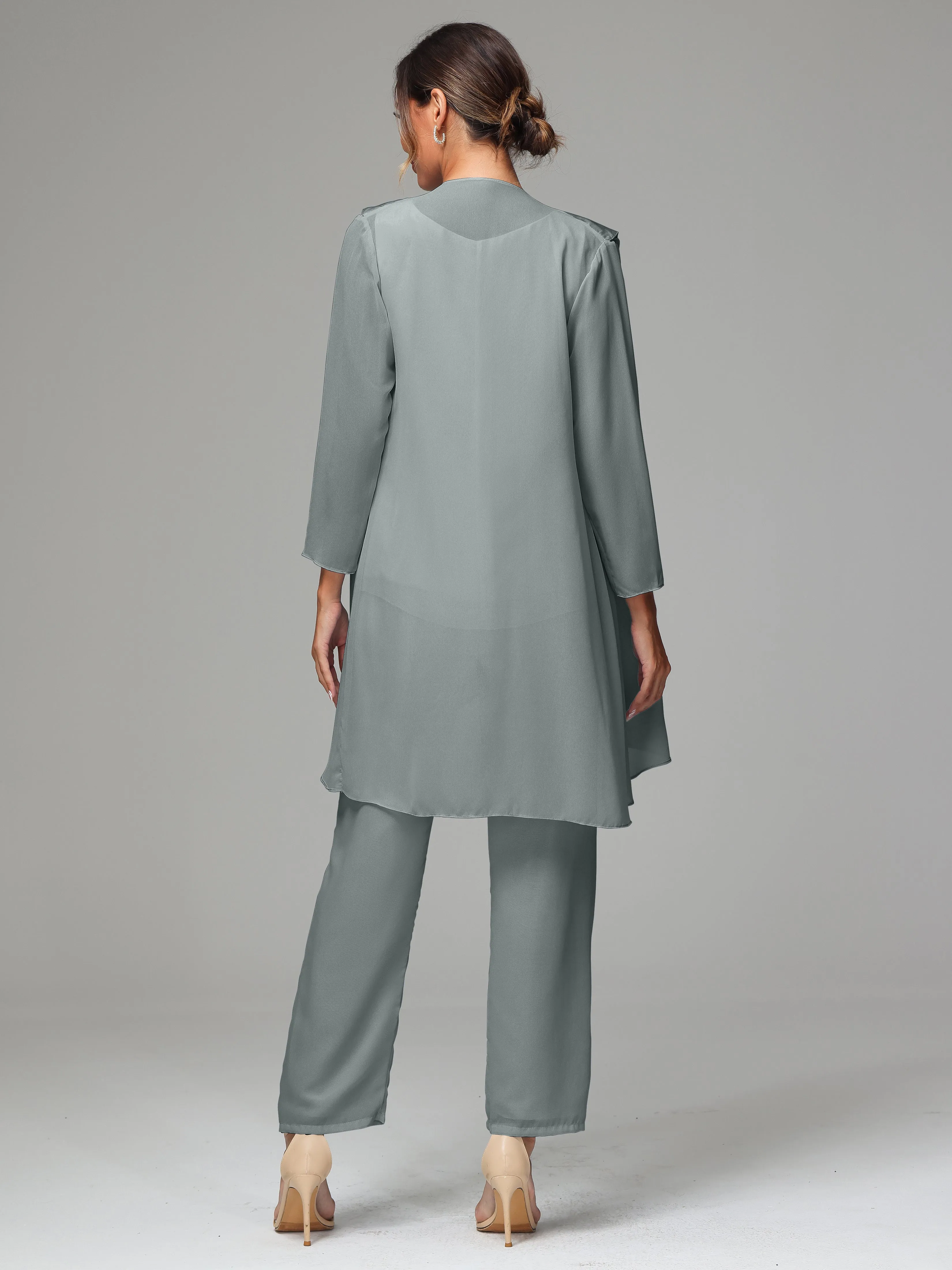3 Pieces Chiffon Elegant Mother Of The Bride Dress Pants Suits