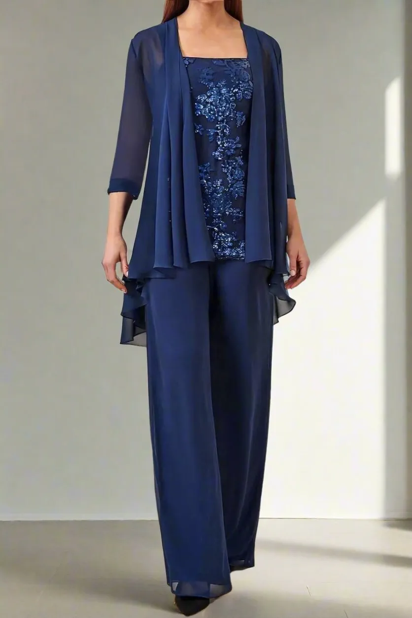 3 Pieces Square Neck Elegant Mother Of The Bride Dress Pants Suits