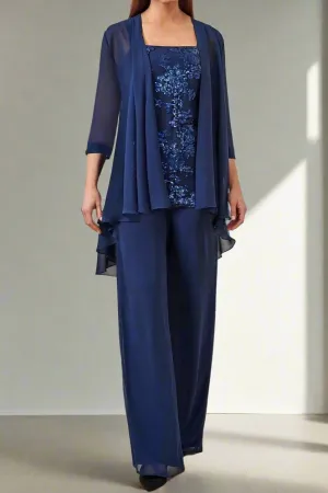 3 Pieces Square Neck Elegant Mother Of The Bride Dress Pants Suits