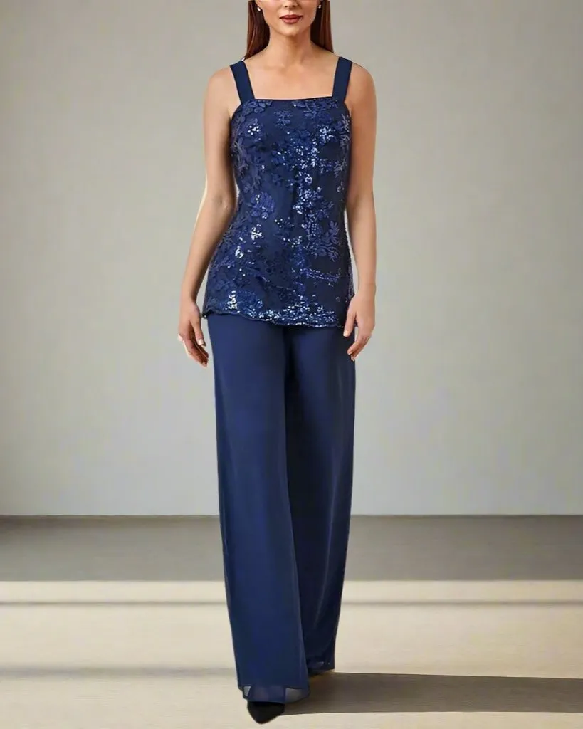3 Pieces Square Neck Elegant Mother Of The Bride Dress Pants Suits