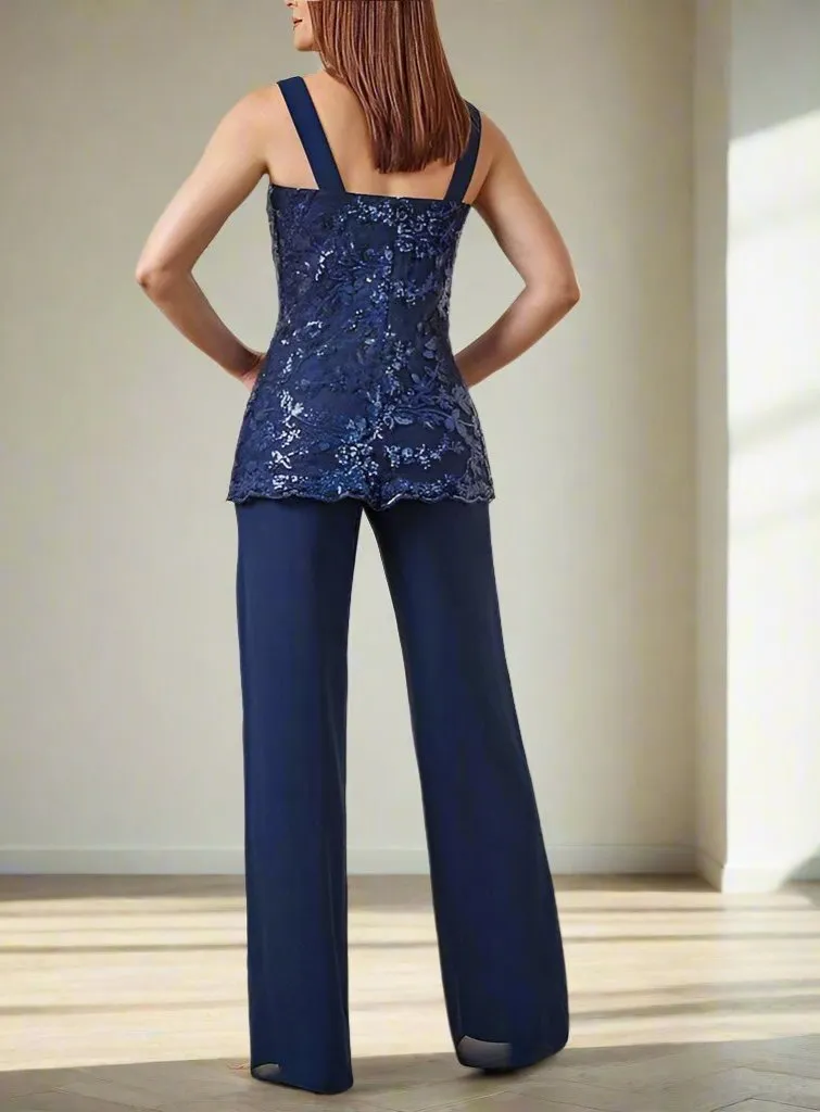 3 Pieces Square Neck Elegant Mother Of The Bride Dress Pants Suits