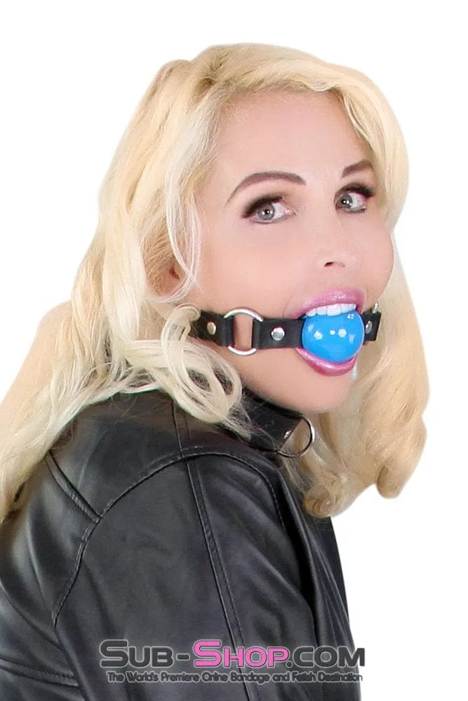 6909A      Rings of Submission, Candy Blue Ball, Black Leather Strap Ballgag