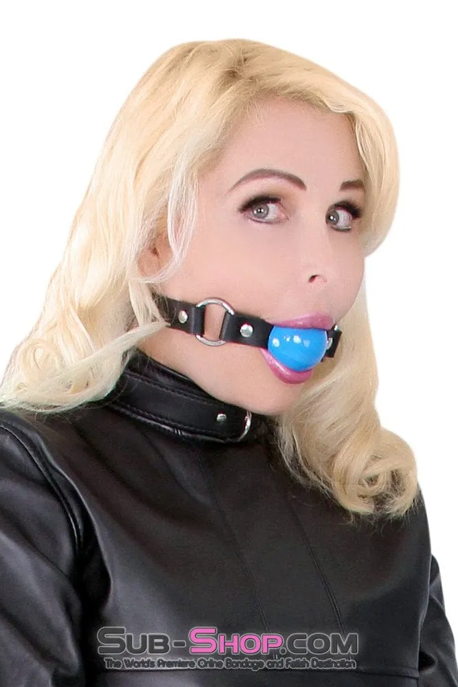 6909A      Rings of Submission, Candy Blue Ball, Black Leather Strap Ballgag