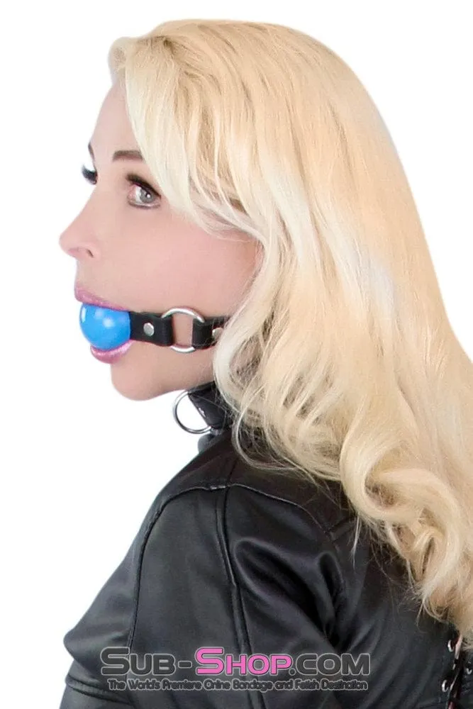 6909A      Rings of Submission, Candy Blue Ball, Black Leather Strap Ballgag