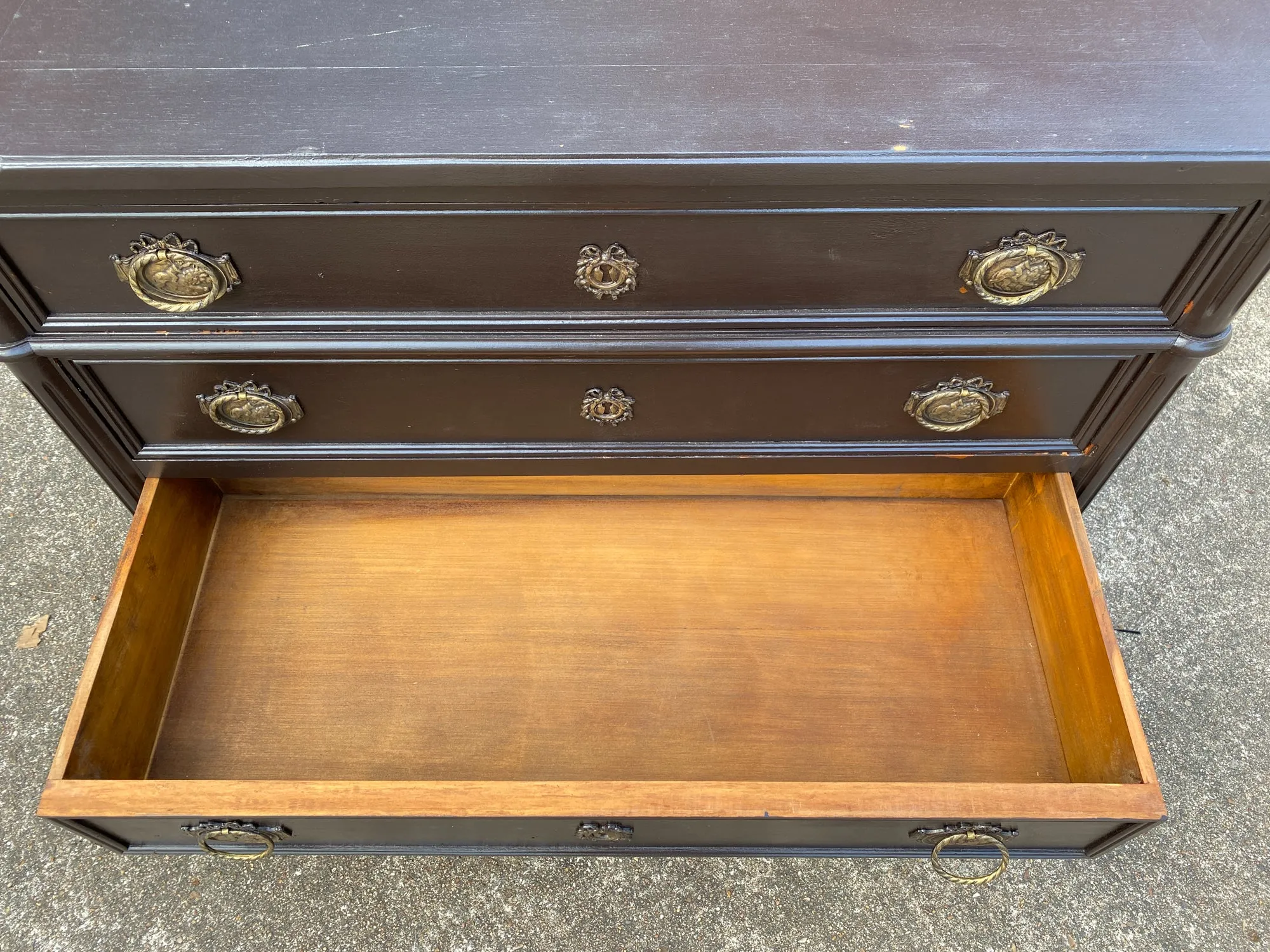 Antique French Three-Drawer Commode in Matte Black Painted Finish