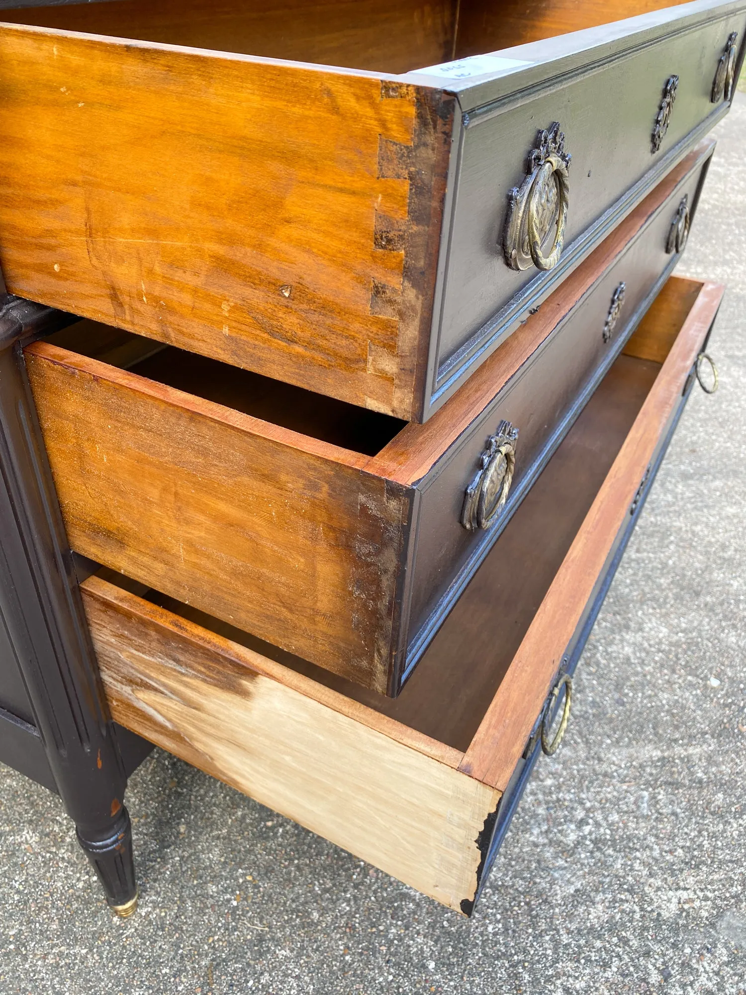 Antique French Three-Drawer Commode in Matte Black Painted Finish