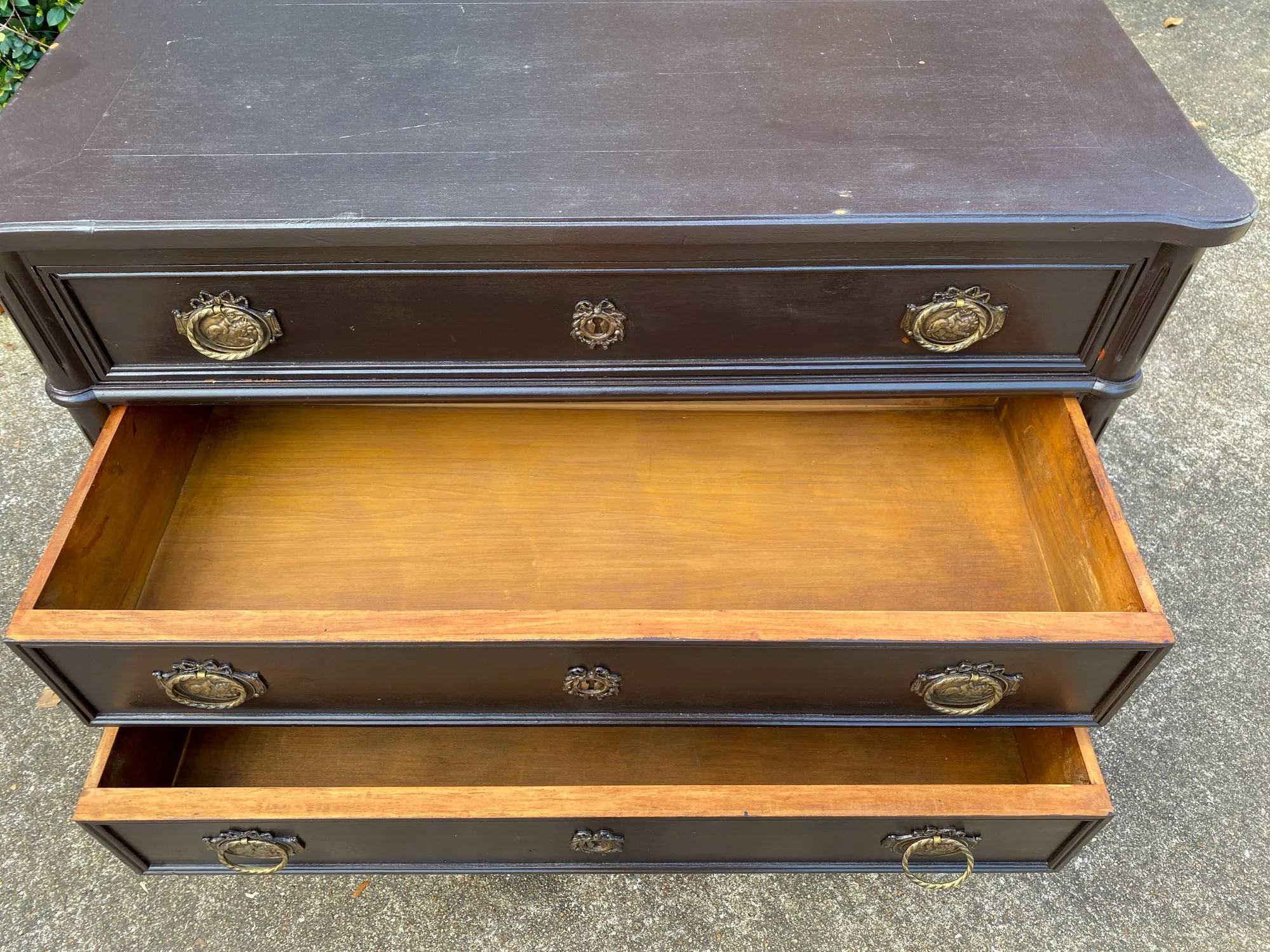 Antique French Three-Drawer Commode in Matte Black Painted Finish