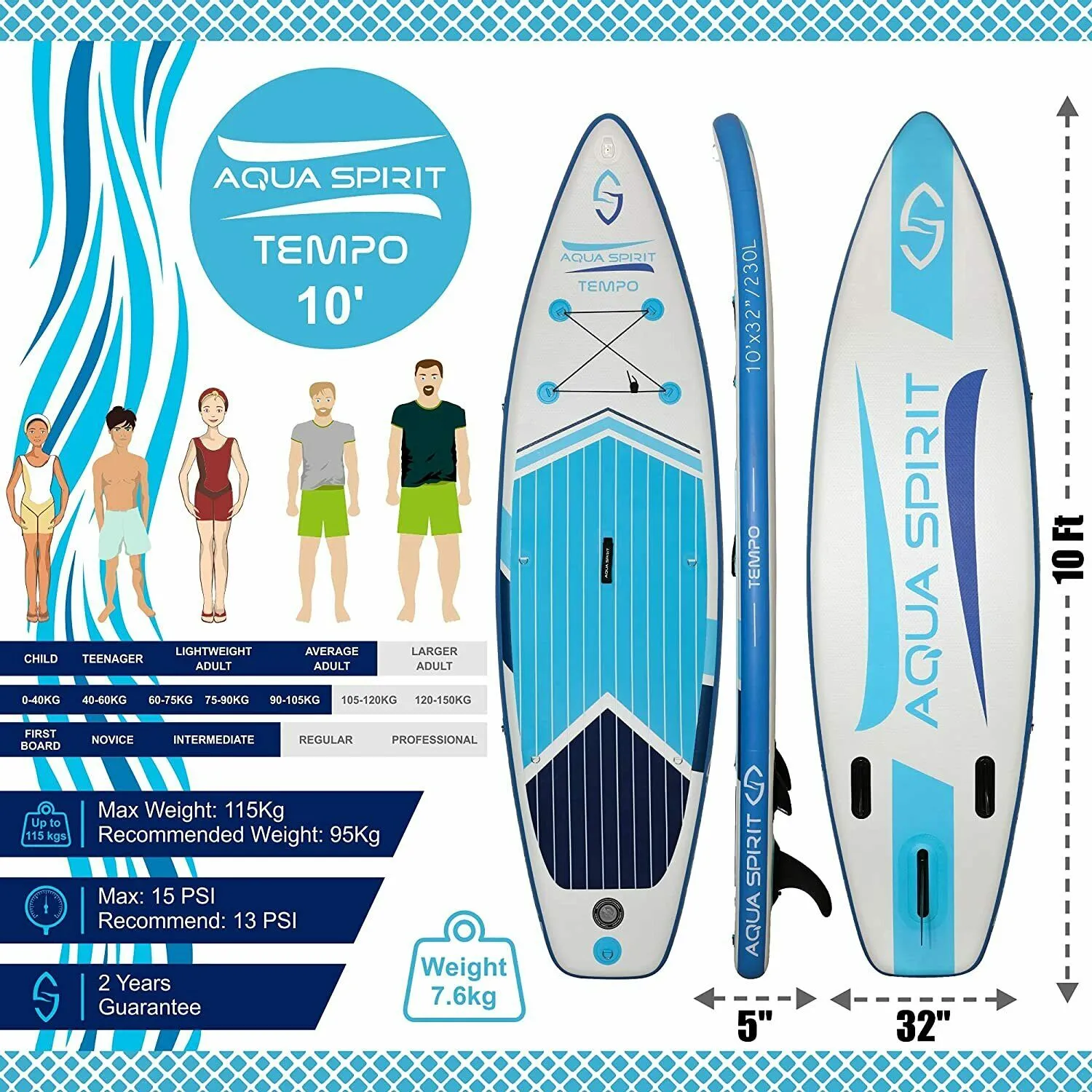 Aqua Spirit Tempo Blue 10FT iSUP Inflatable Stand up Paddle Board & Accessories