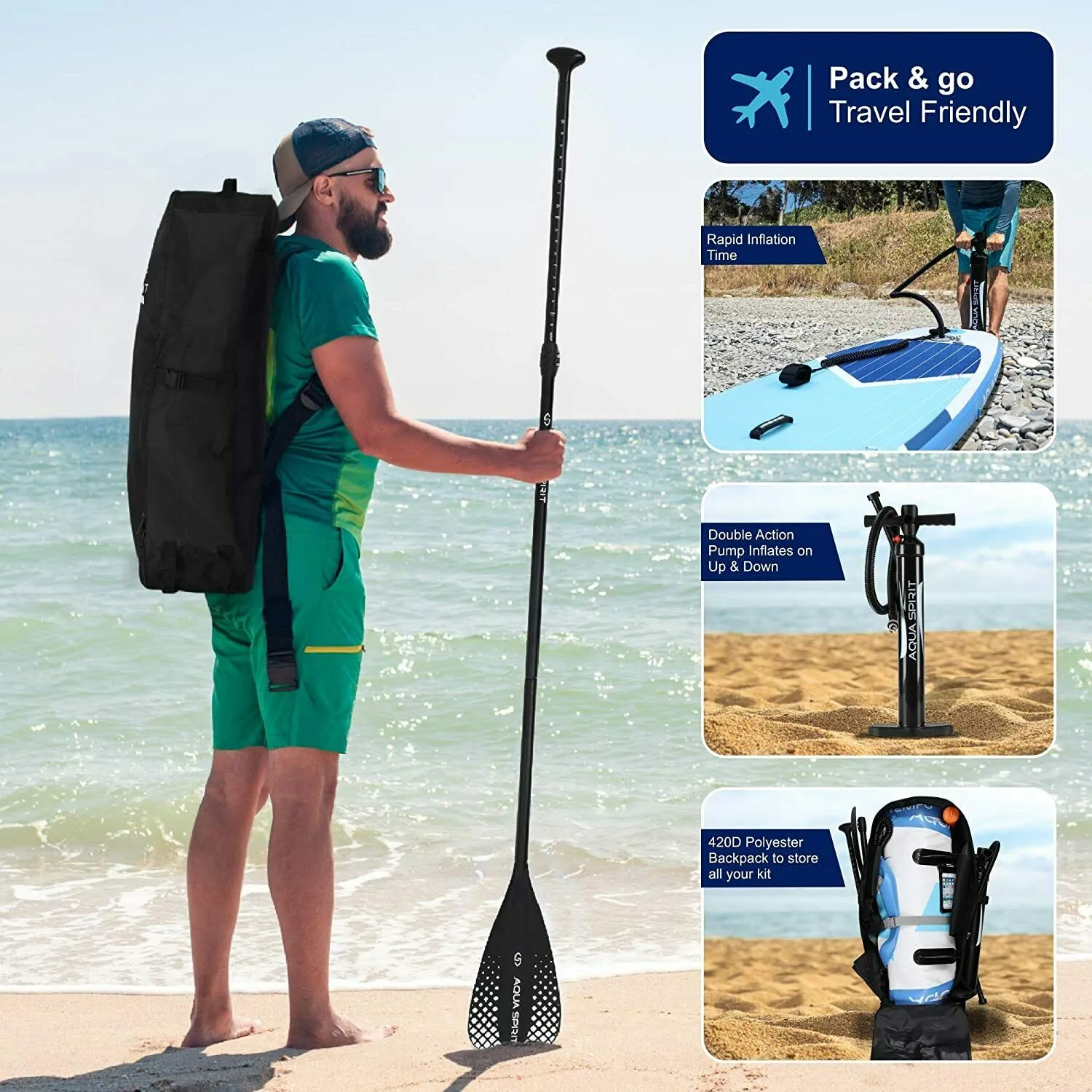 Aqua Spirit Tempo Blue 10FT iSUP Inflatable Stand up Paddle Board & Accessories