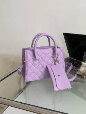 Argyle Quilted Double Handle Square Bag With Coin Purse - Purple