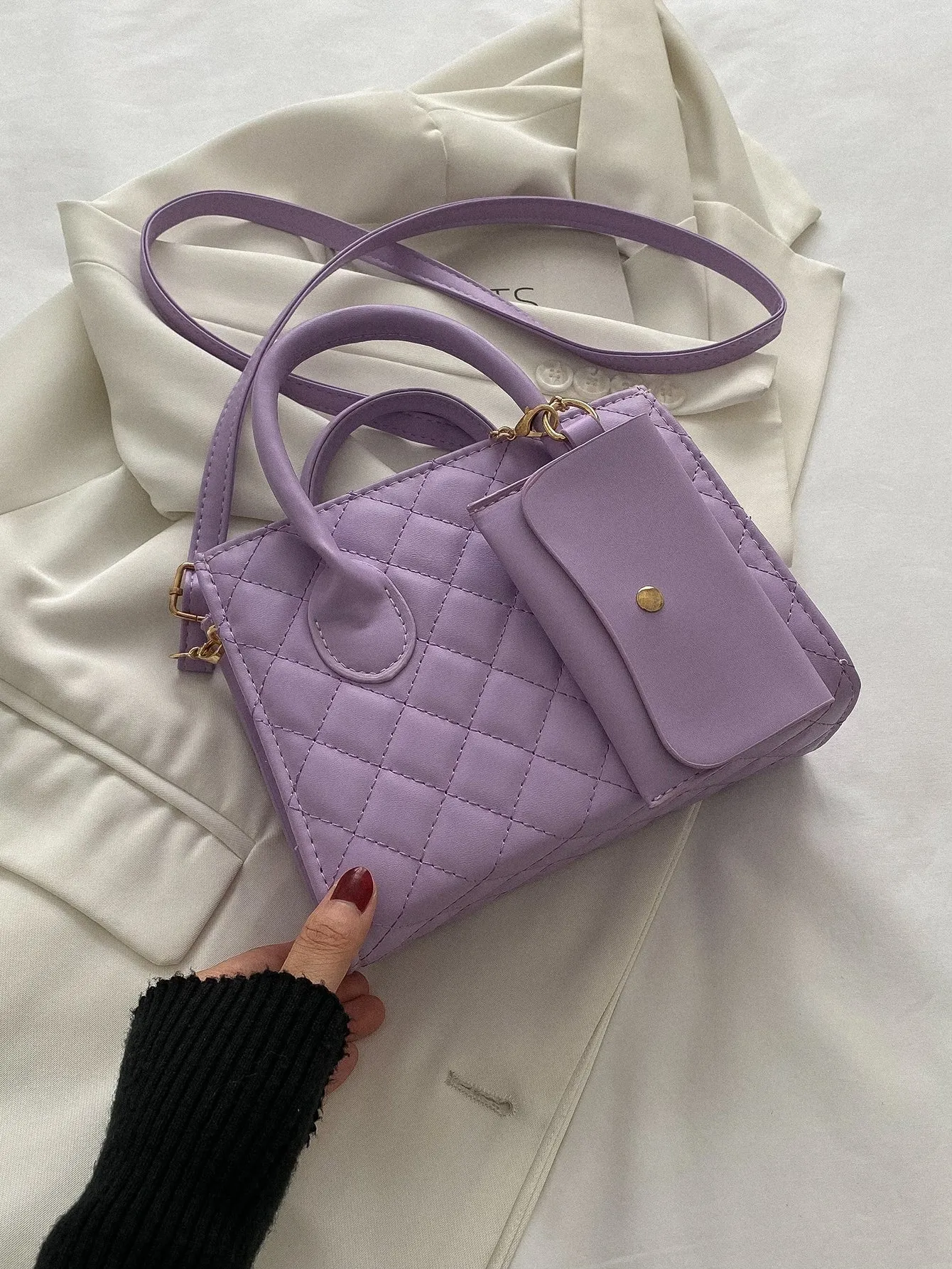 Argyle Quilted Double Handle Square Bag With Coin Purse - Purple