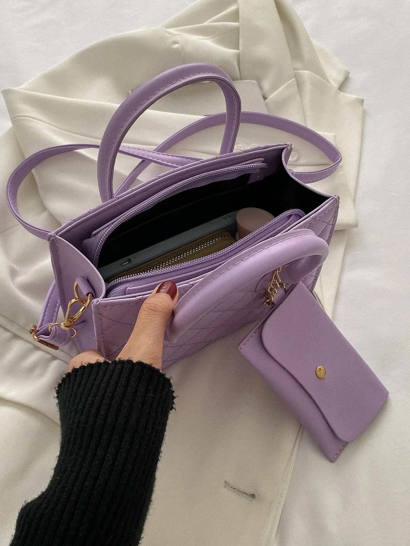 Argyle Quilted Double Handle Square Bag With Coin Purse - Purple