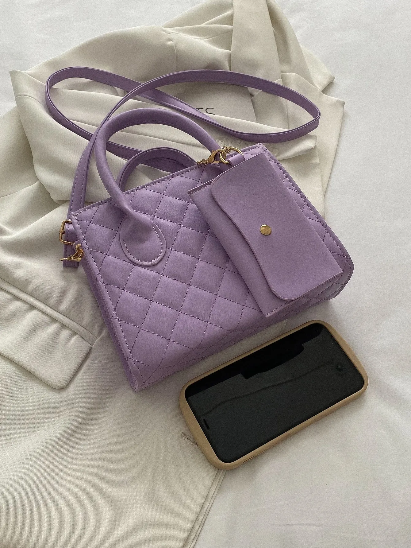 Argyle Quilted Double Handle Square Bag With Coin Purse - Purple