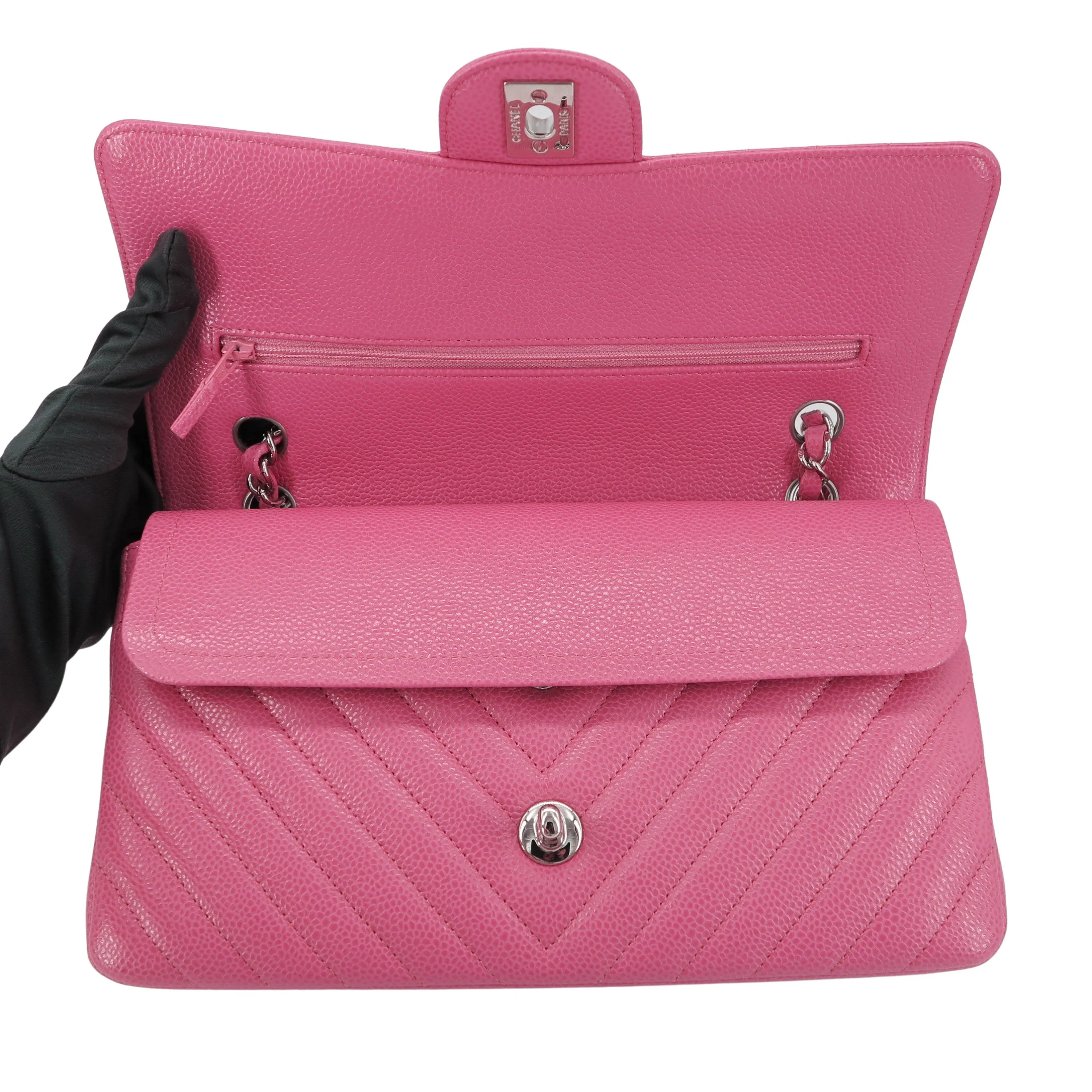 Chevron Medium Classic Double Flap Bag in Bubble Gum Pink Caviar