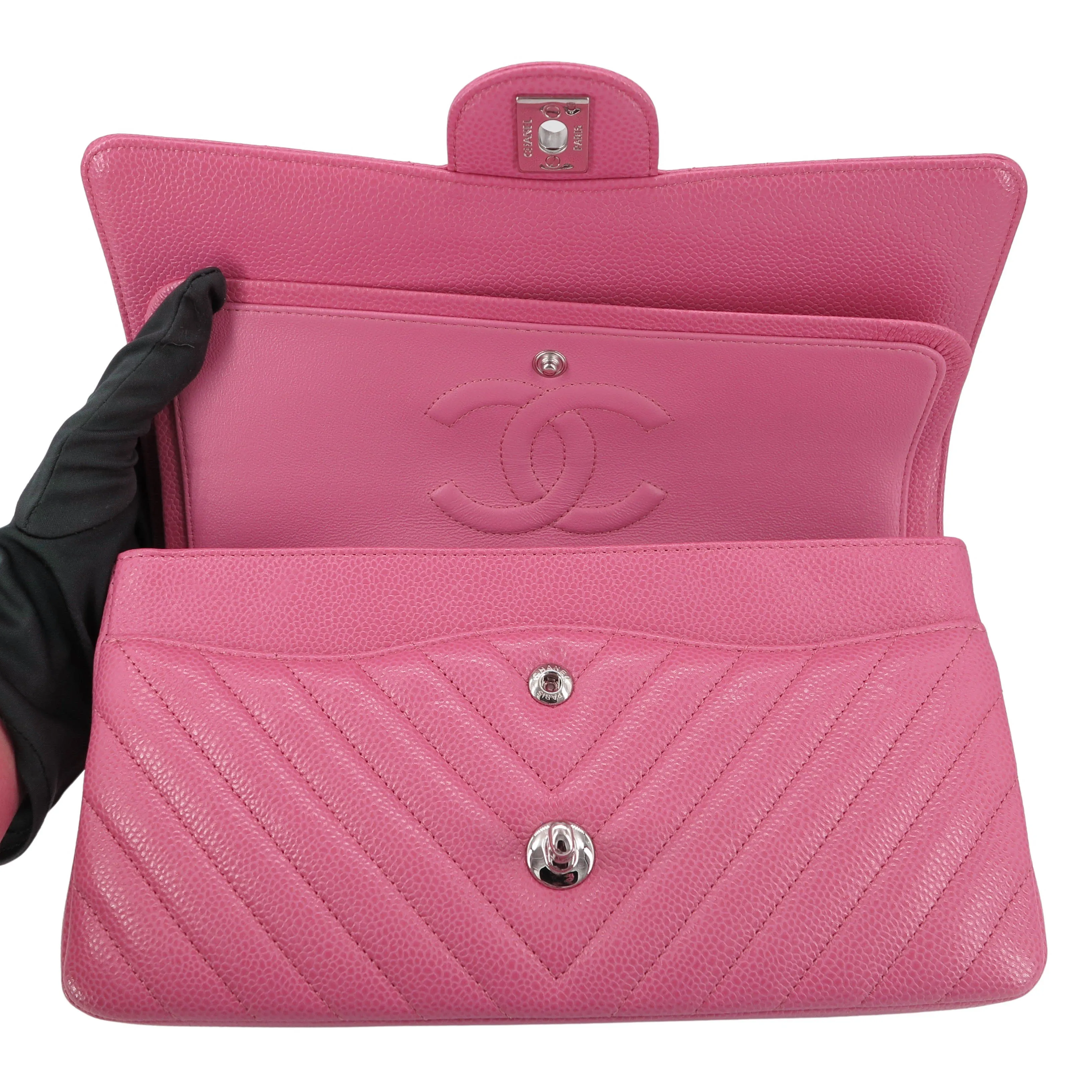 Chevron Medium Classic Double Flap Bag in Bubble Gum Pink Caviar