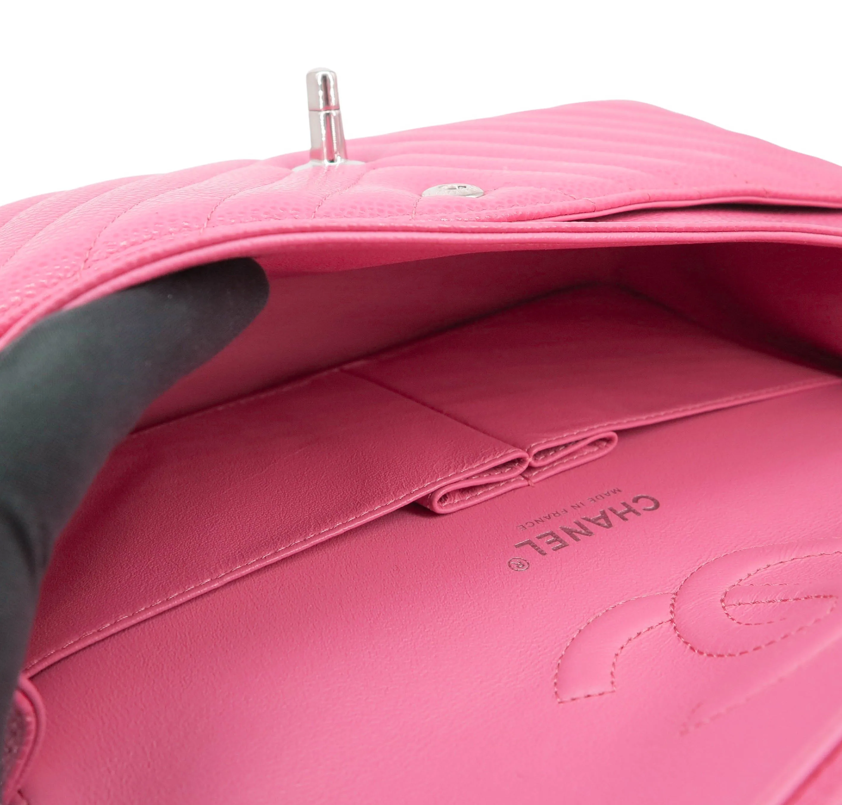 Chevron Medium Classic Double Flap Bag in Bubble Gum Pink Caviar