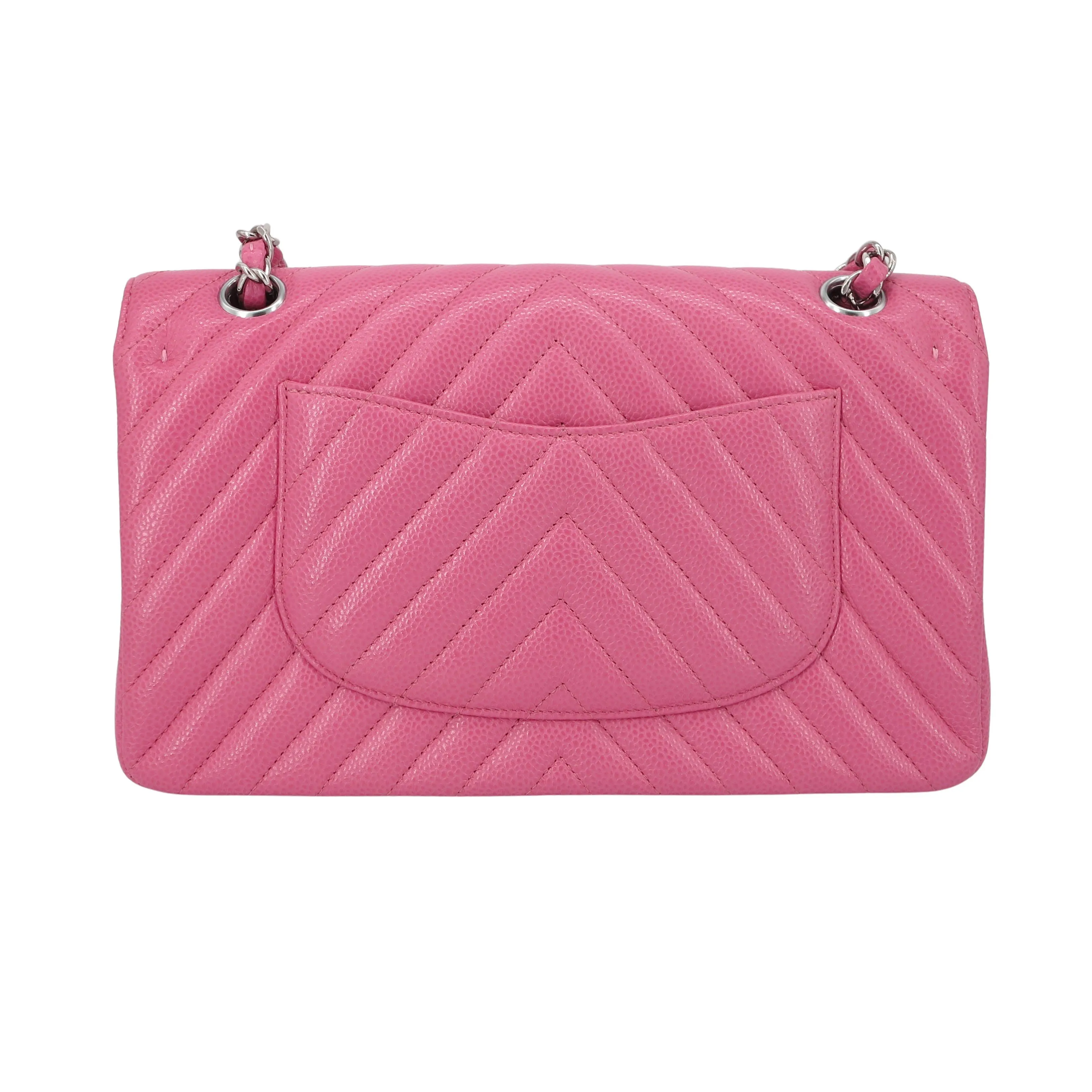 Chevron Medium Classic Double Flap Bag in Bubble Gum Pink Caviar
