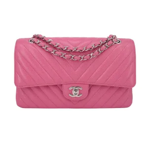 Chevron Medium Classic Double Flap Bag in Bubble Gum Pink Caviar