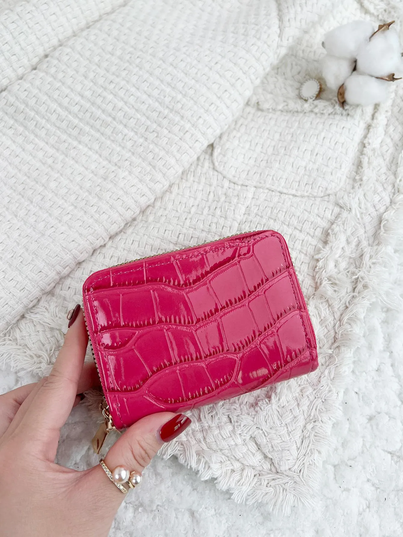Crocodile Embossed Card Holder Zipper - Neon Hot Pink