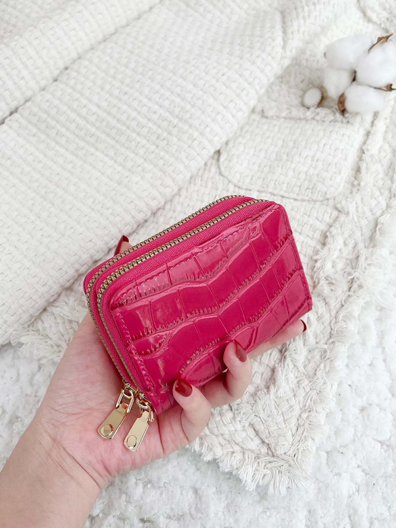 Crocodile Embossed Card Holder Zipper - Neon Hot Pink