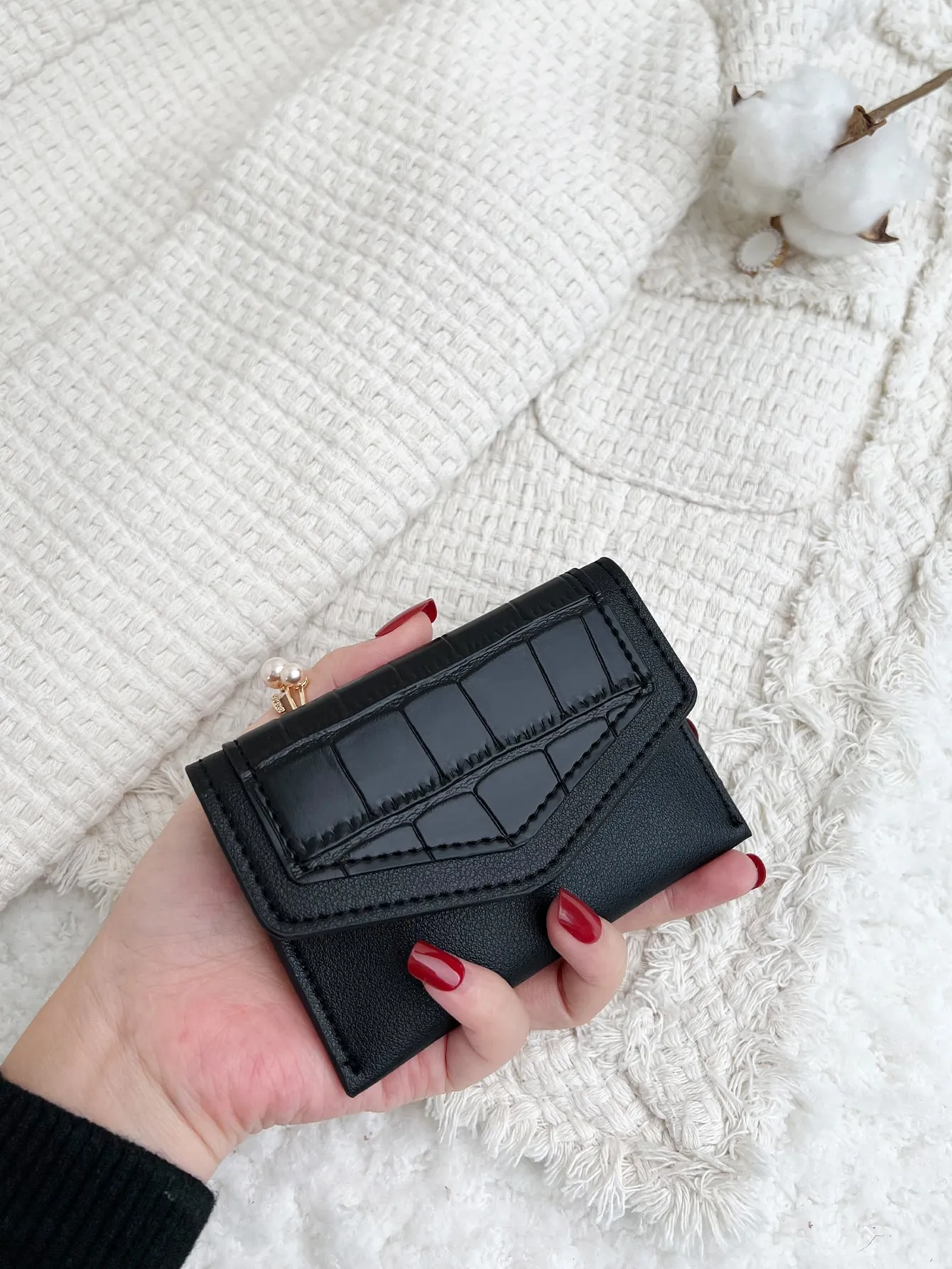Crocodile Embossed Snap Button Coin Purse - Black