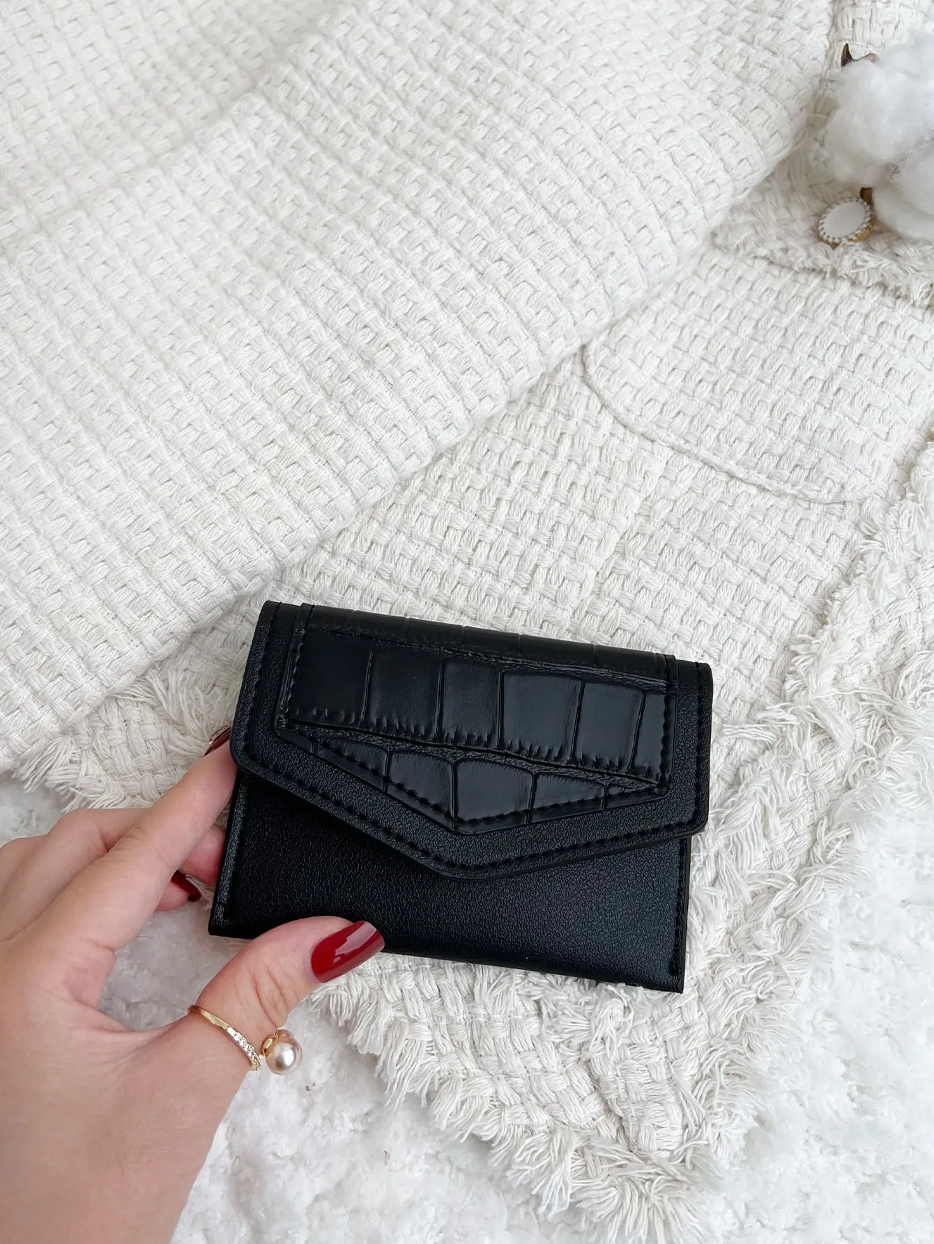 Crocodile Embossed Snap Button Coin Purse - Black