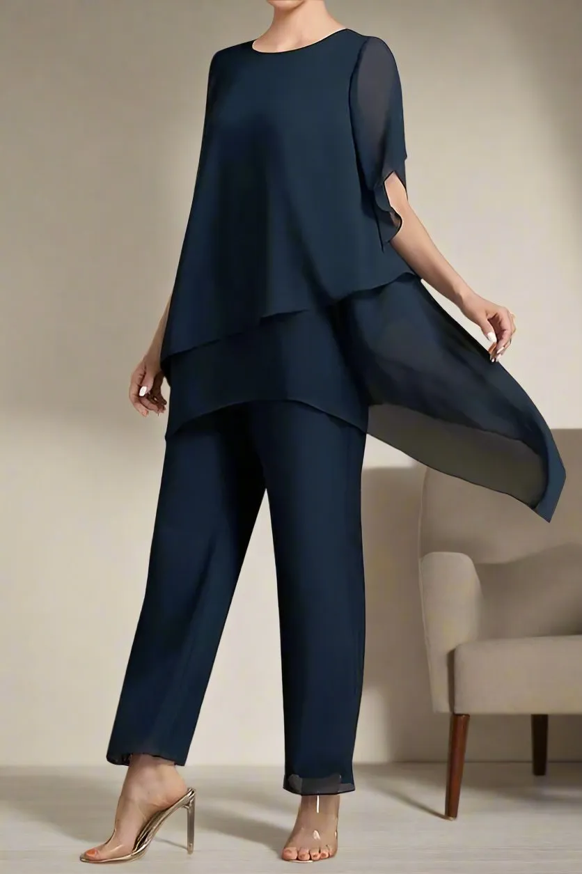 Dark Navy Two Piece Chiffon Half Sleeve Mother of Pant Suits