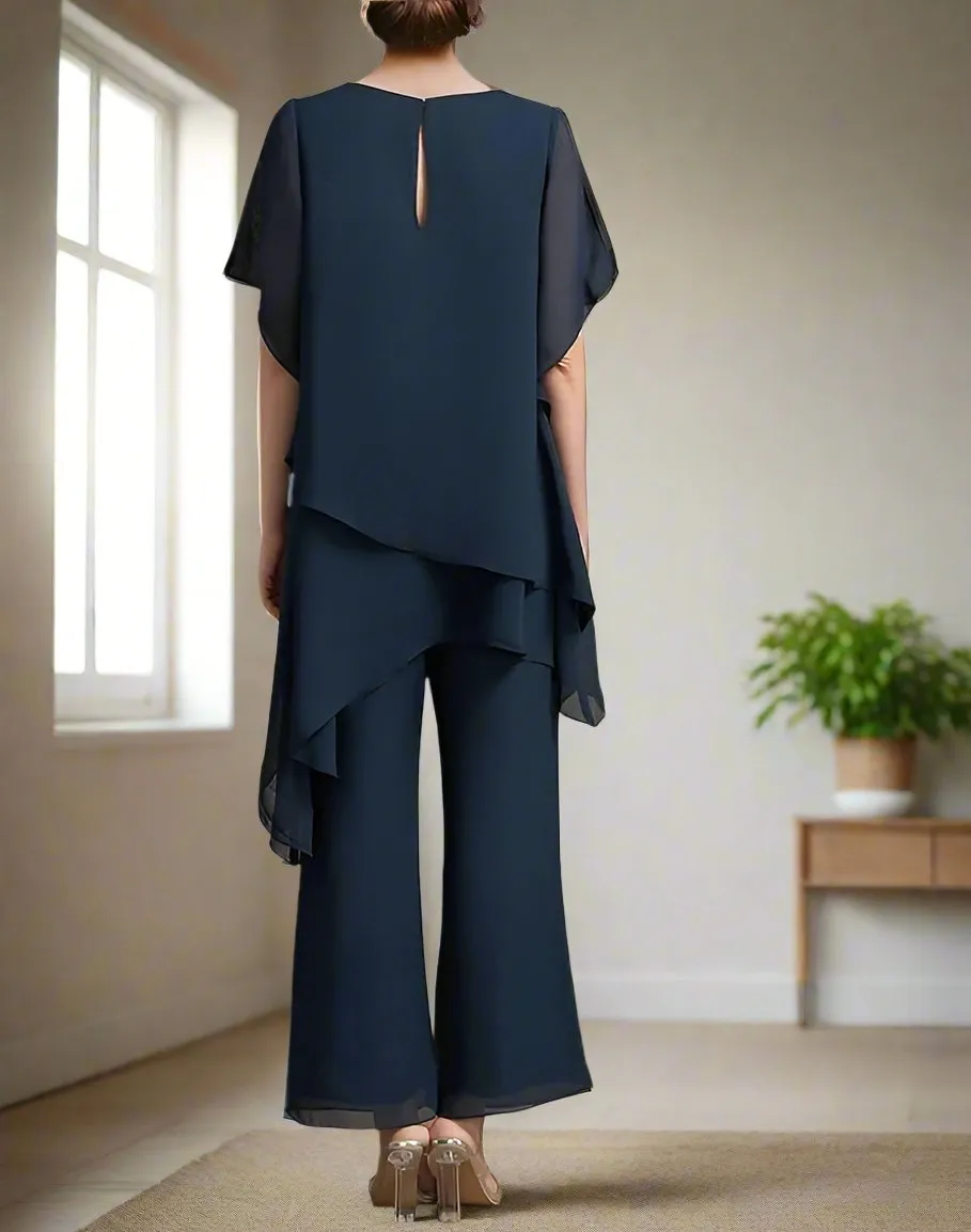 Dark Navy Two Piece Chiffon Half Sleeve Mother of Pant Suits