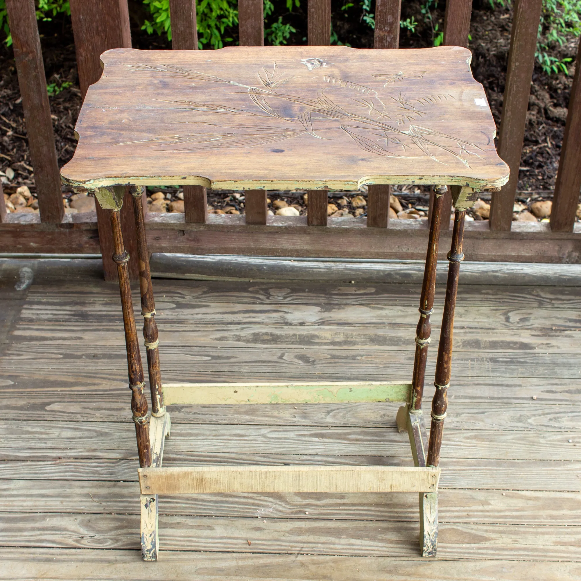 Distressed Antique French Carved Top Side Table