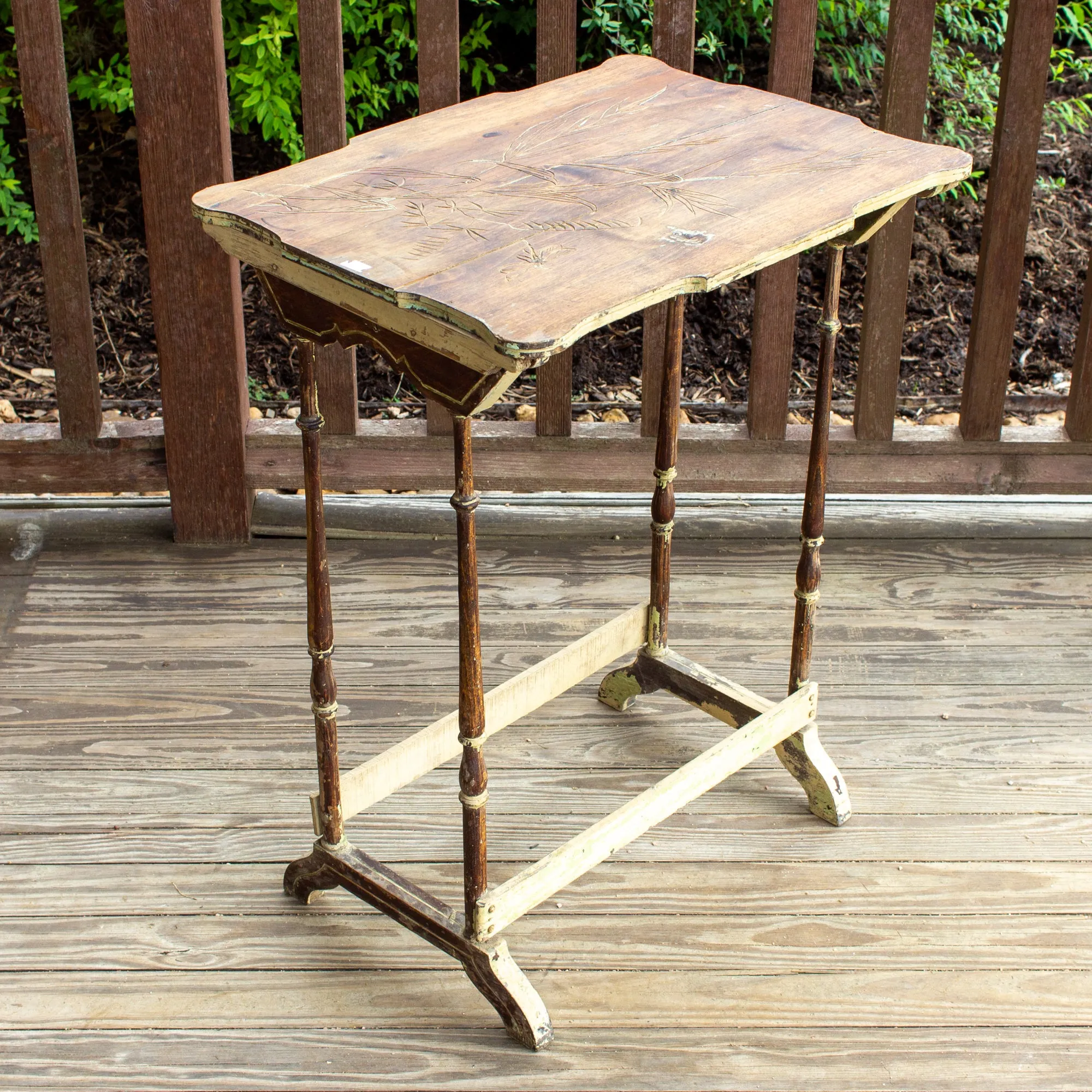 Distressed Antique French Carved Top Side Table