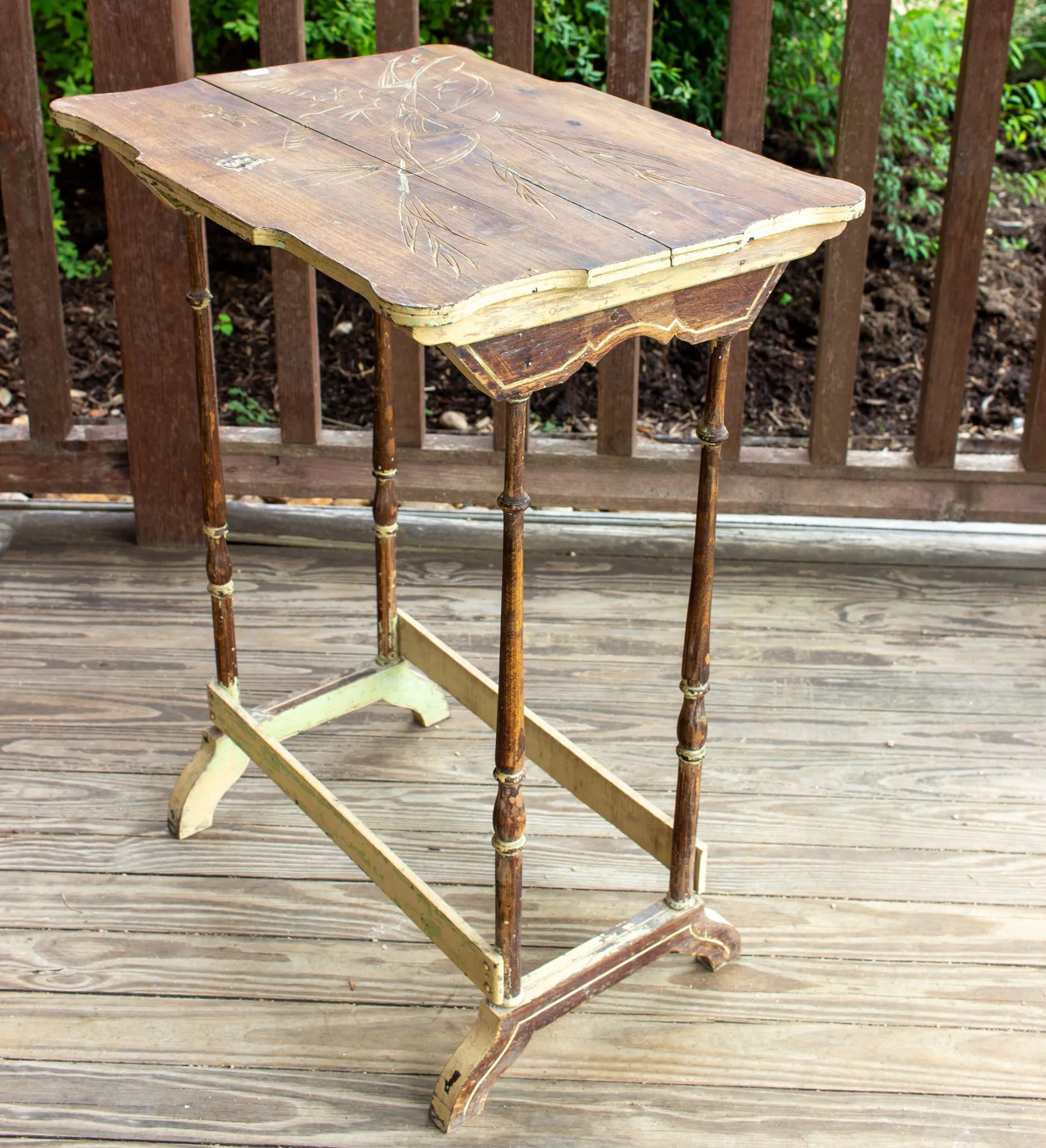 Distressed Antique French Carved Top Side Table