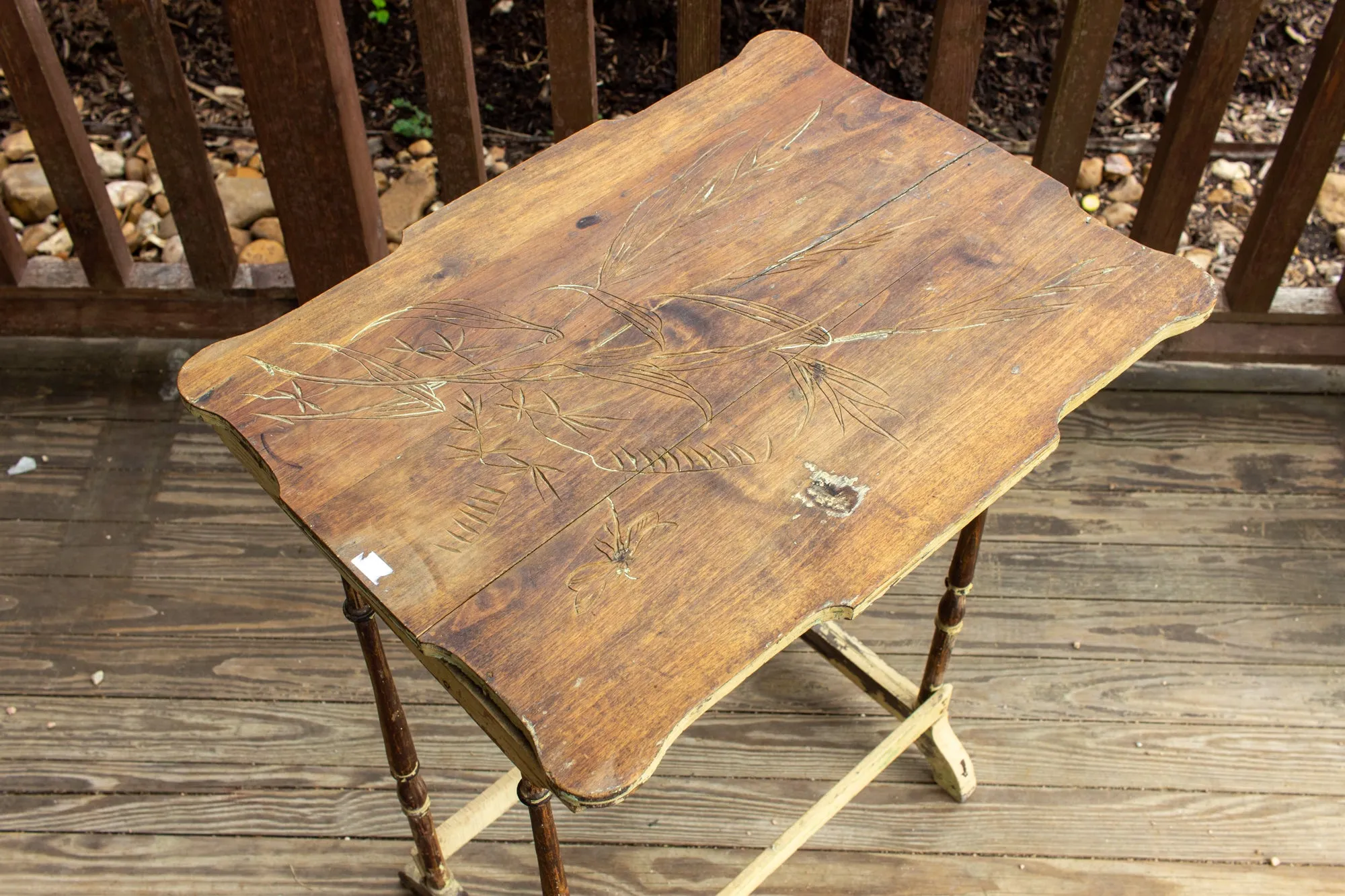 Distressed Antique French Carved Top Side Table