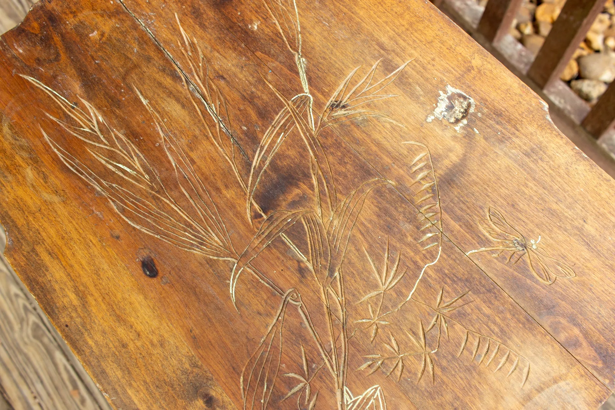 Distressed Antique French Carved Top Side Table