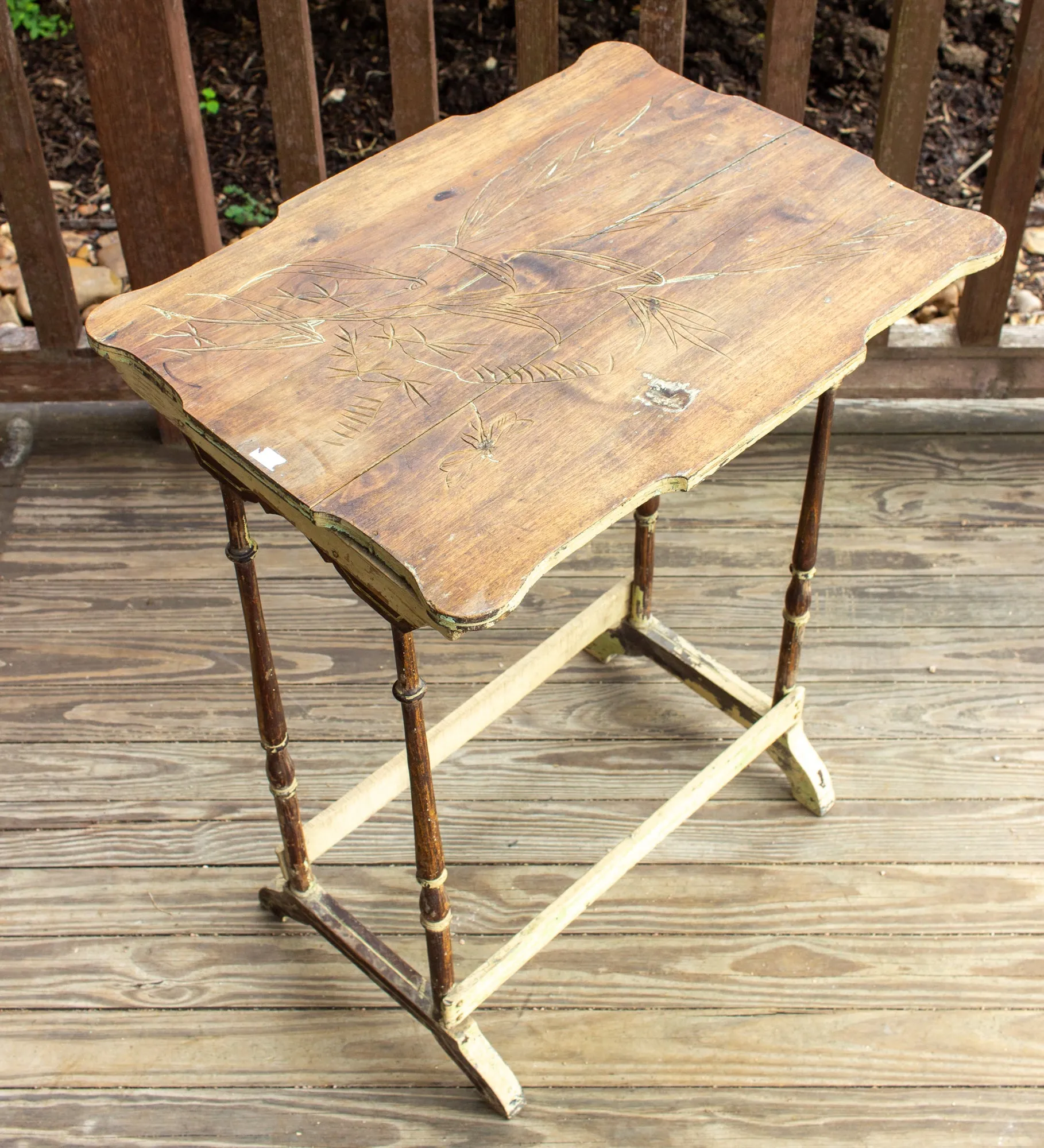 Distressed Antique French Carved Top Side Table
