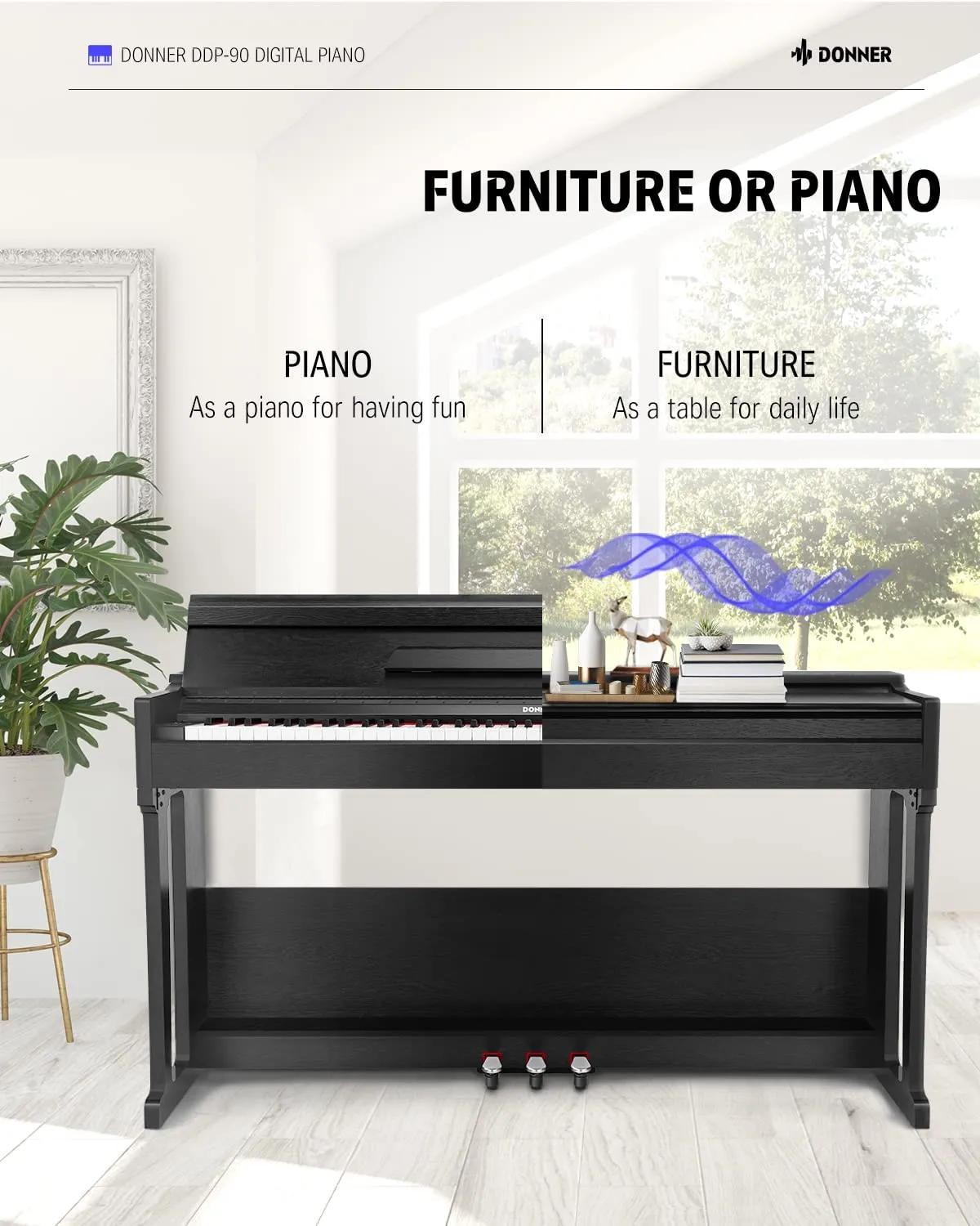 Donner DDP-90 Upright Digital Piano 88-Key Weighted Black and Flip Cover Design