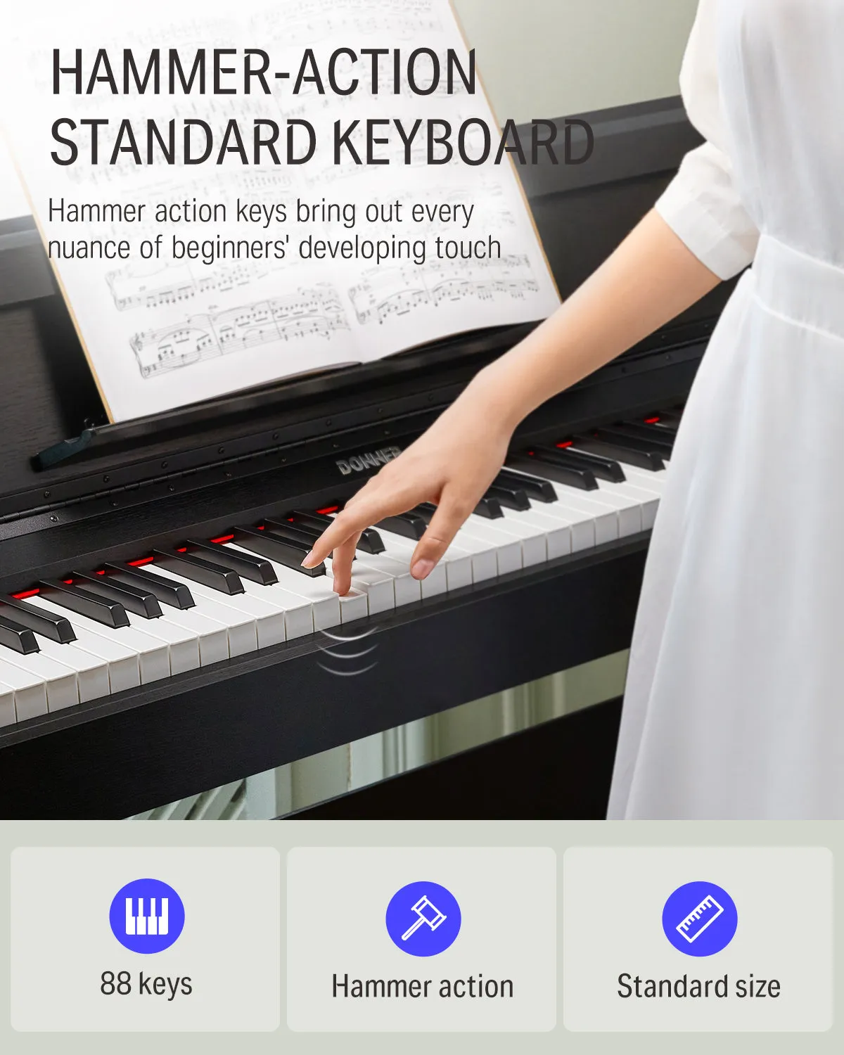 Donner DDP-90 Upright Digital Piano 88-Key Weighted Black and Flip Cover Design