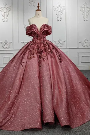 Elegant Burgundy Strapless Party Dresses Sweetheart Appliques Ball Gown
